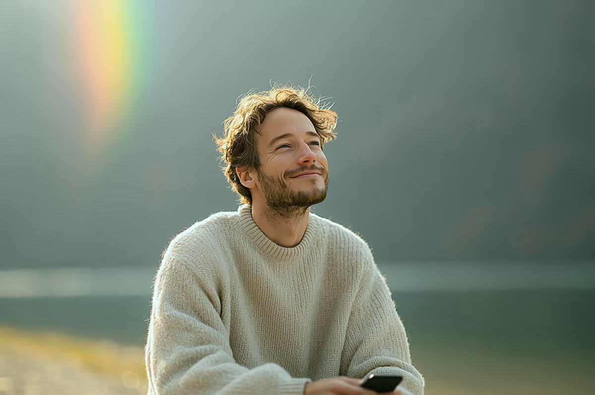 Smiling young man in a beige sweater holding a smartphone with a soft rainbow glow in the background.