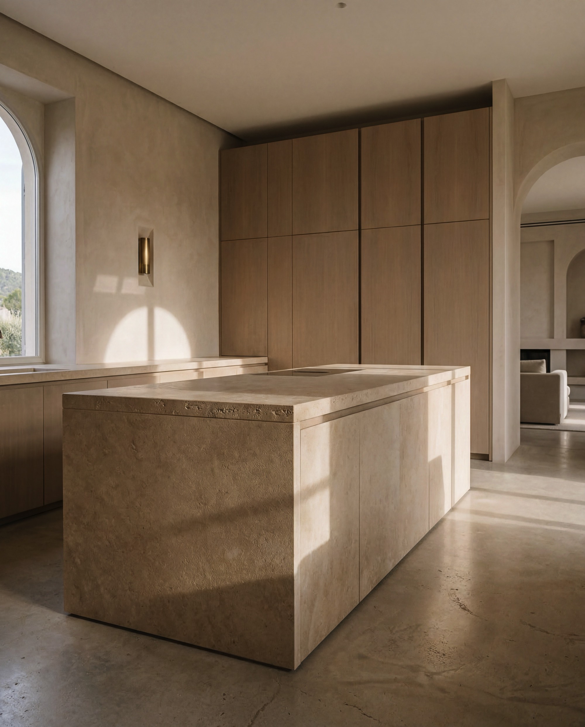 Luxury stone kitchen in Mallorca with bespoke island by AX | ON — The Living Manufacture AXON MANUFACTURE