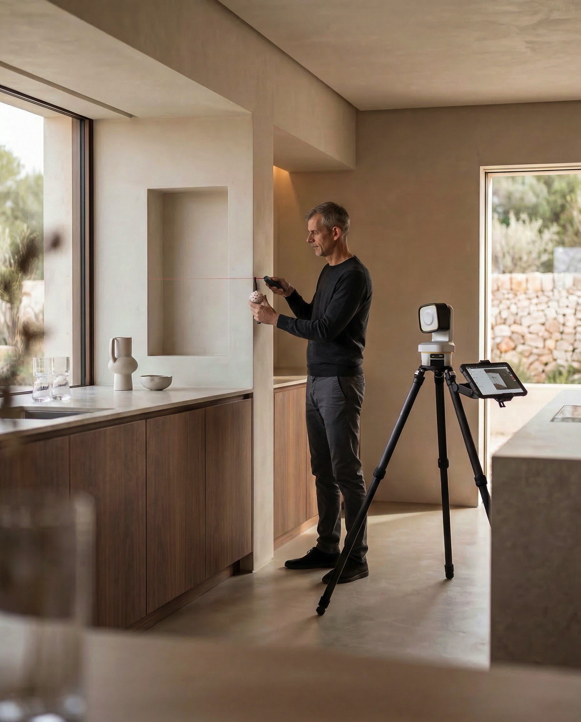 AXON measuring a luxury kitchen space in Mallorca using advanced tools to ensure precision and perfect execution.