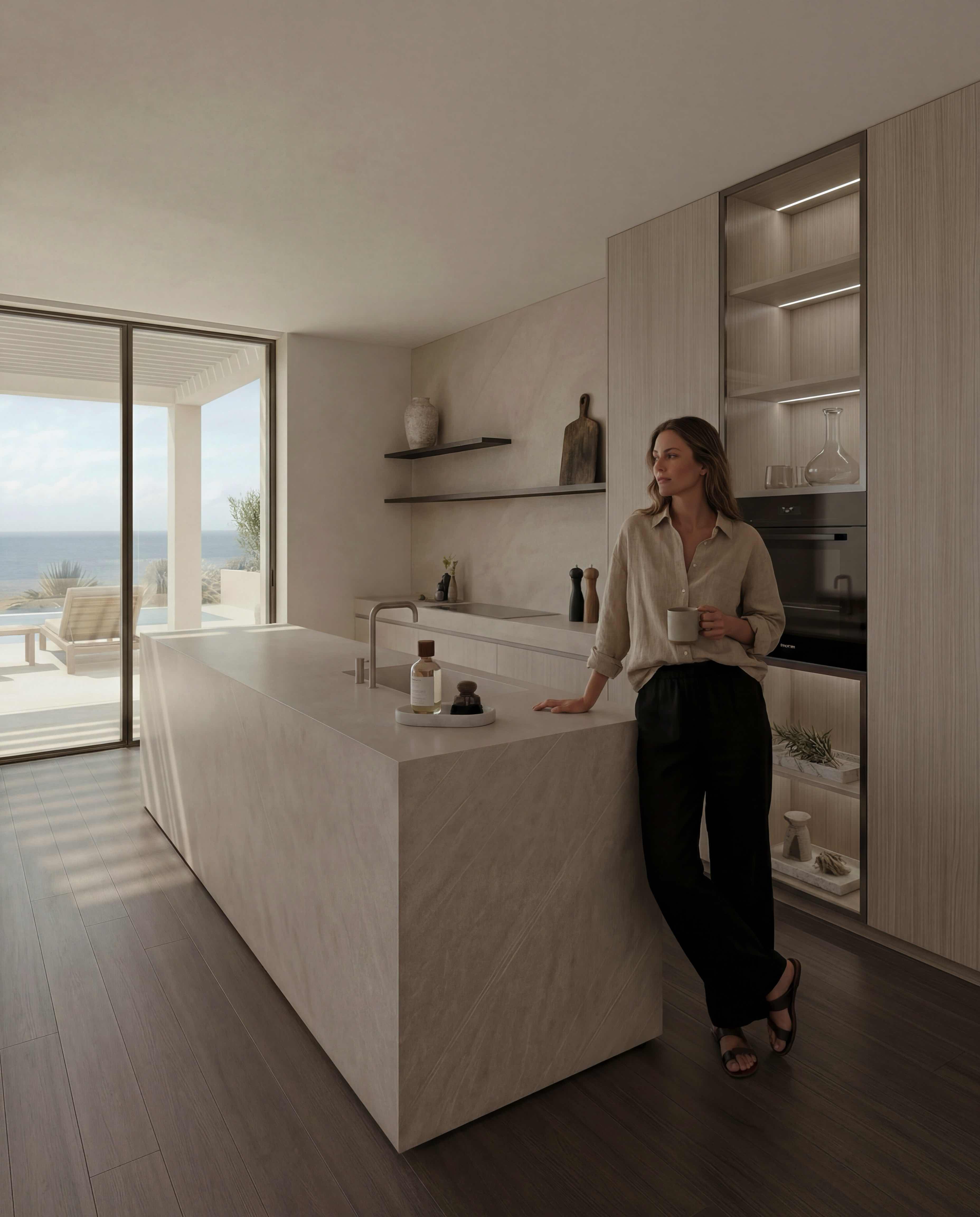 Individual custom kitchen design in Mallorca with natural light, minimal architecture and lifestyle scene by AXON