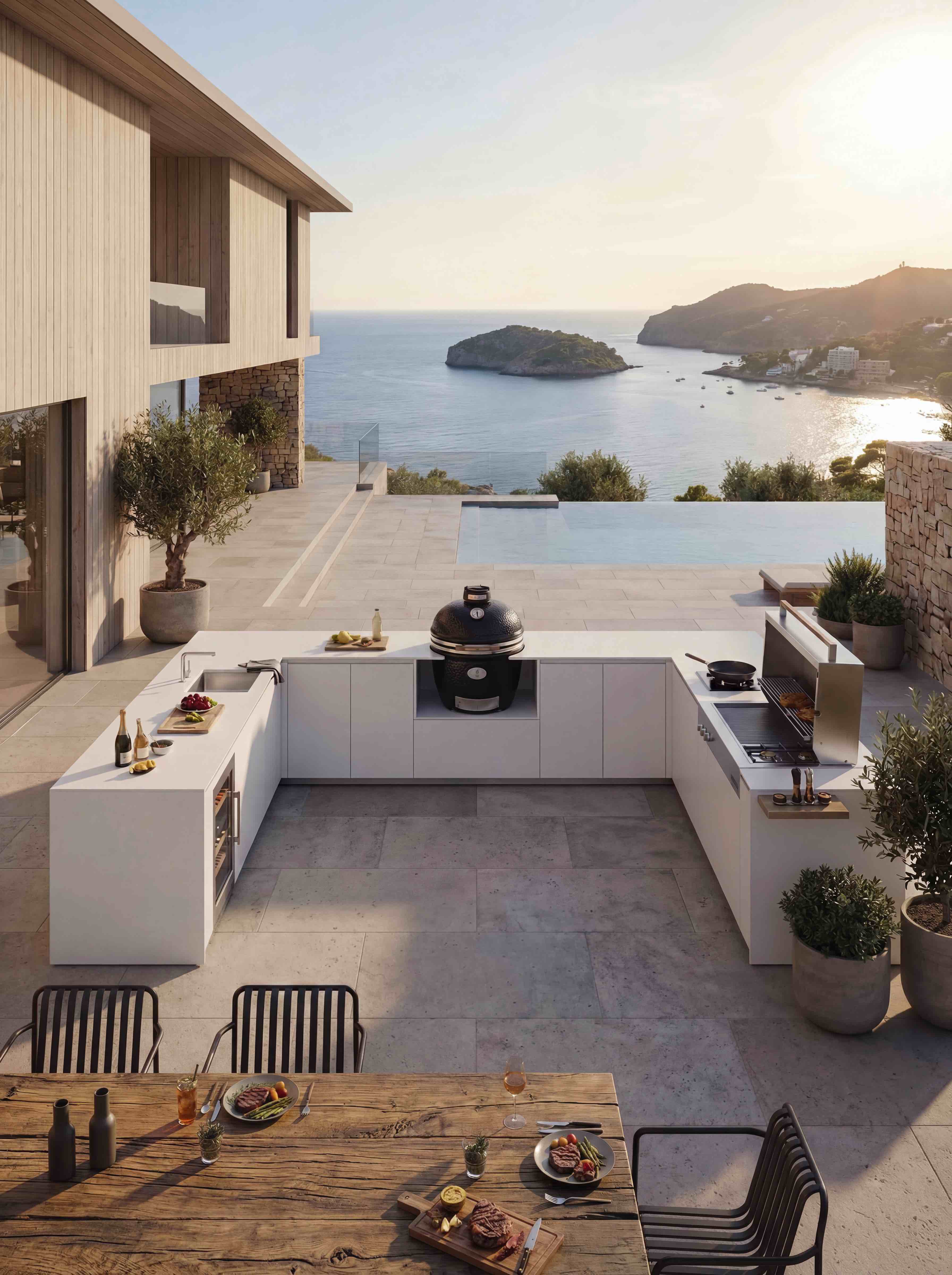 Luxury outdoor kitchen with Monolith charcoal grill overlooking the sea in a modern Mediterranean setting