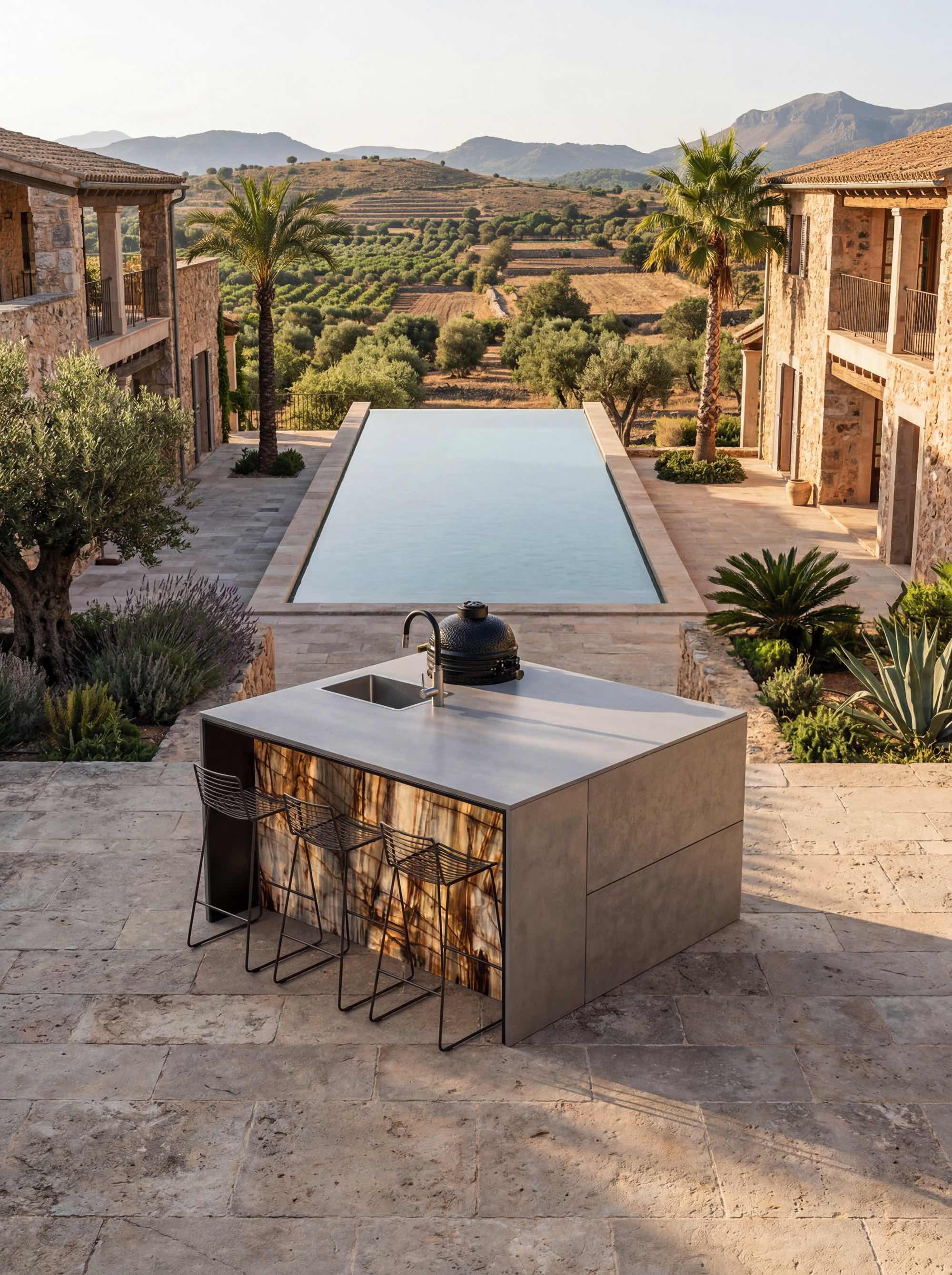 AXON CUBE compact outdoor kitchen in a Mediterranean villa setting, featuring integrated grill, sink and bar seating in a minimal stone architecture