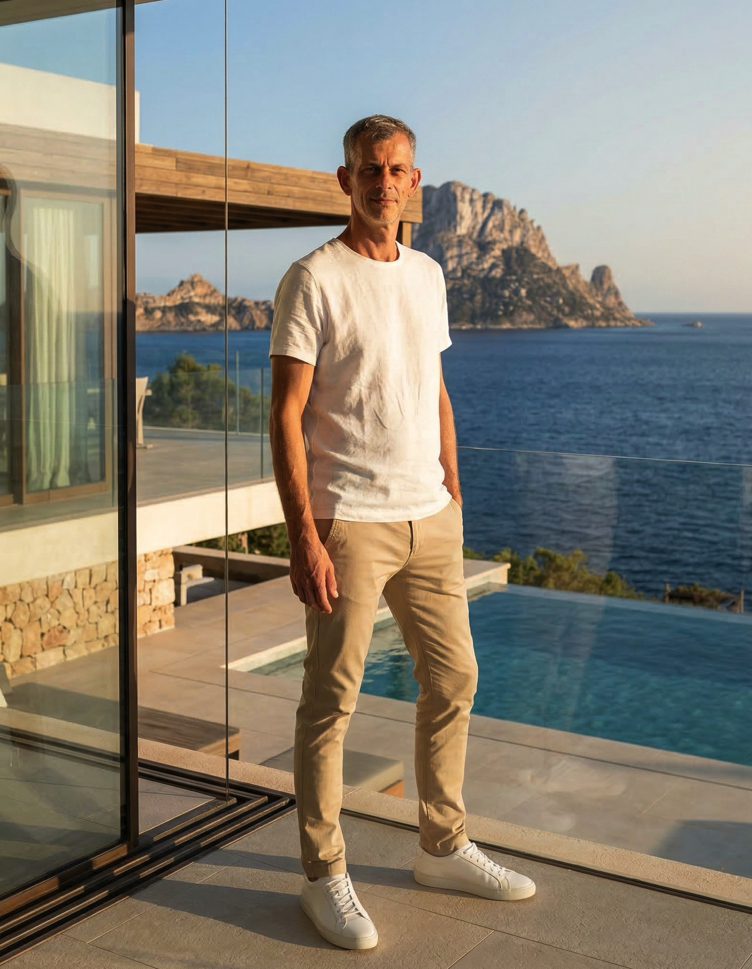 Man in modern luxury villa overlooking the sea in Mallorca, minimal architecture and calm lifestyle atmosphere