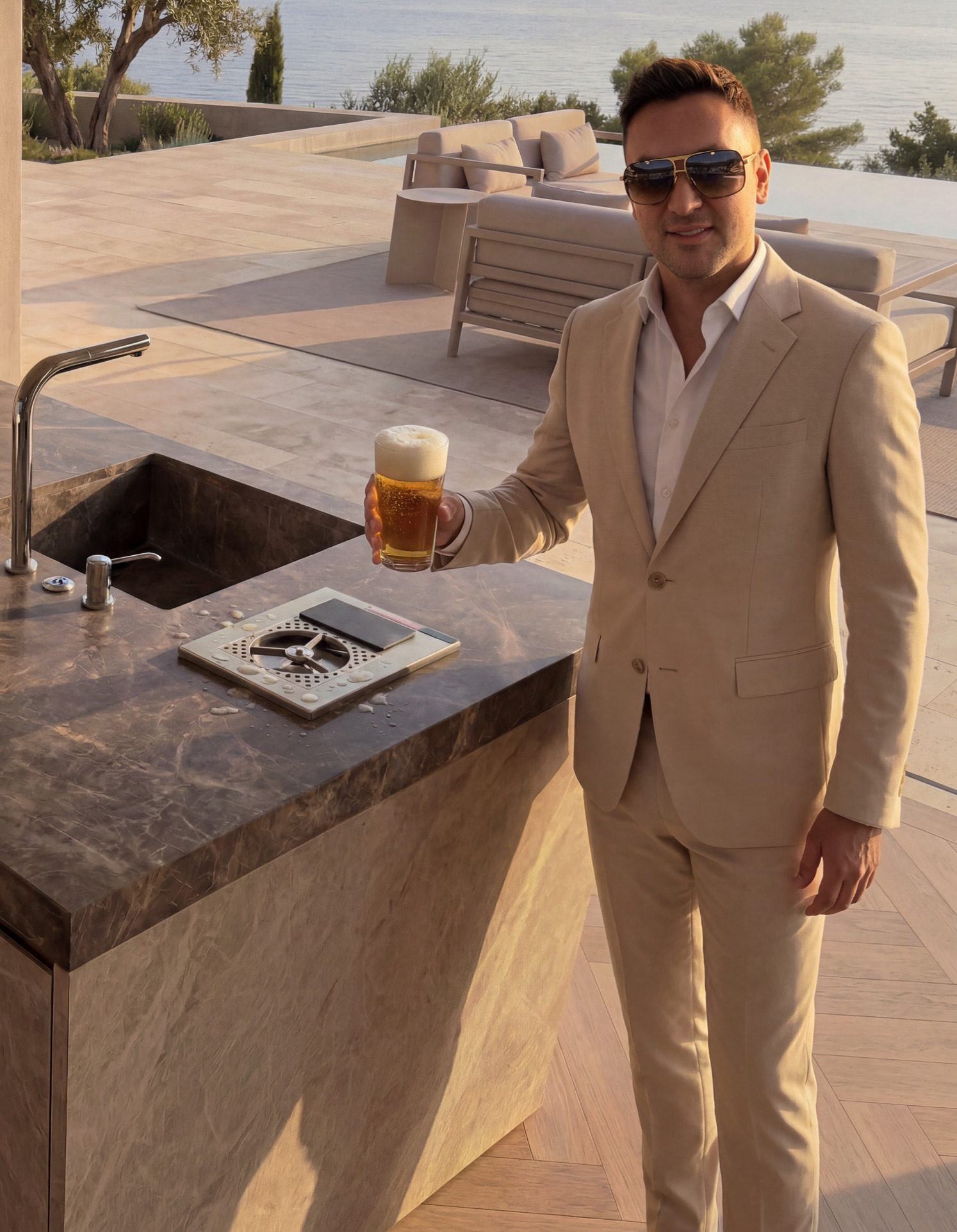 Man in modern outdoor kitchen in Mallorca, using integrated system in luxury villa with sea view