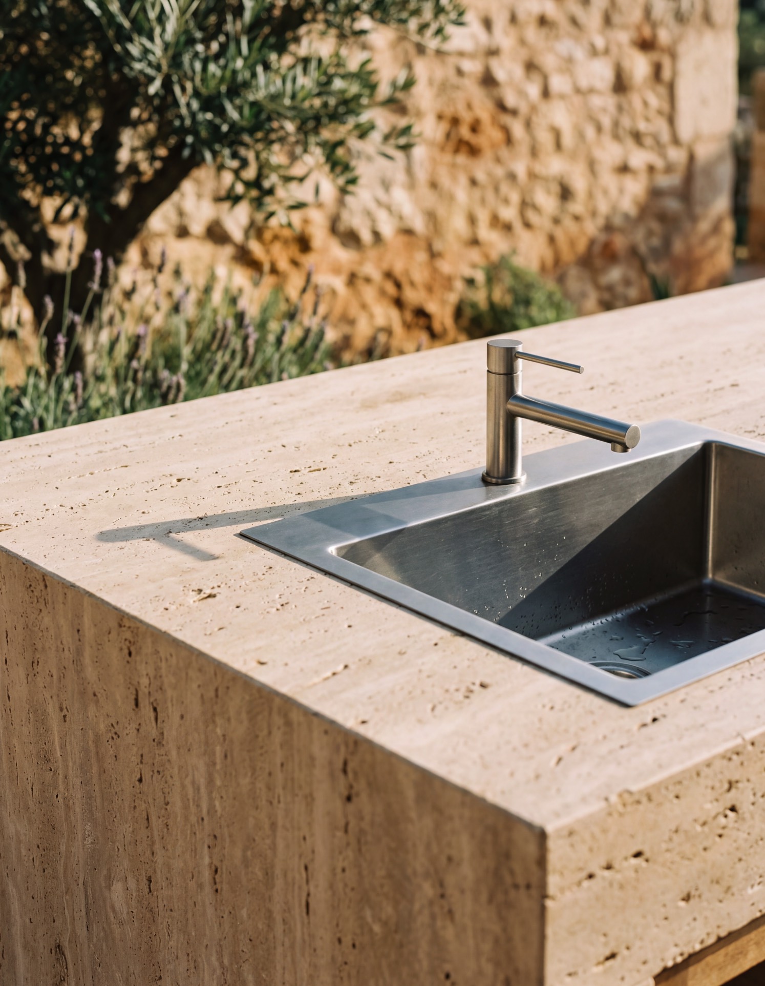 Minimal outdoor kitchen detail with natural stone and integrated sink, modern luxury design in Mallorca