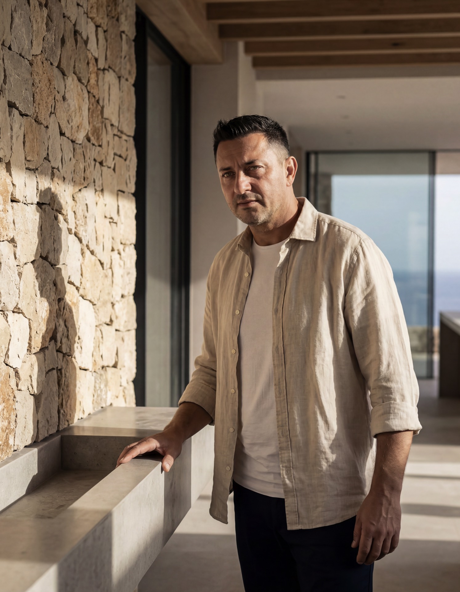 Man supervising construction details in a modern luxury villa in Mallorca, ensuring precision and execution quality on site