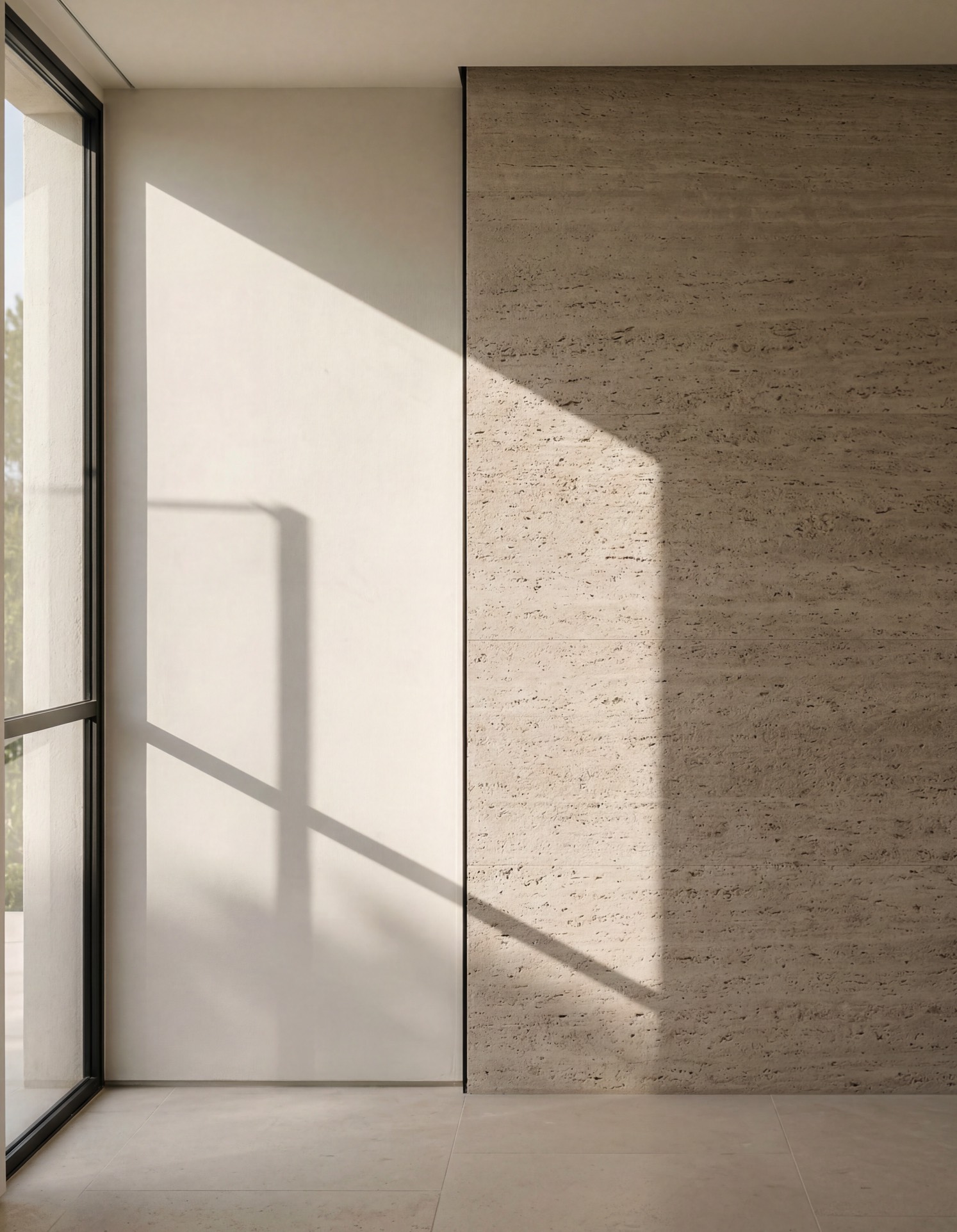 Minimal architectural detail with natural stone, light and shadow, showing precision and high-end construction quality