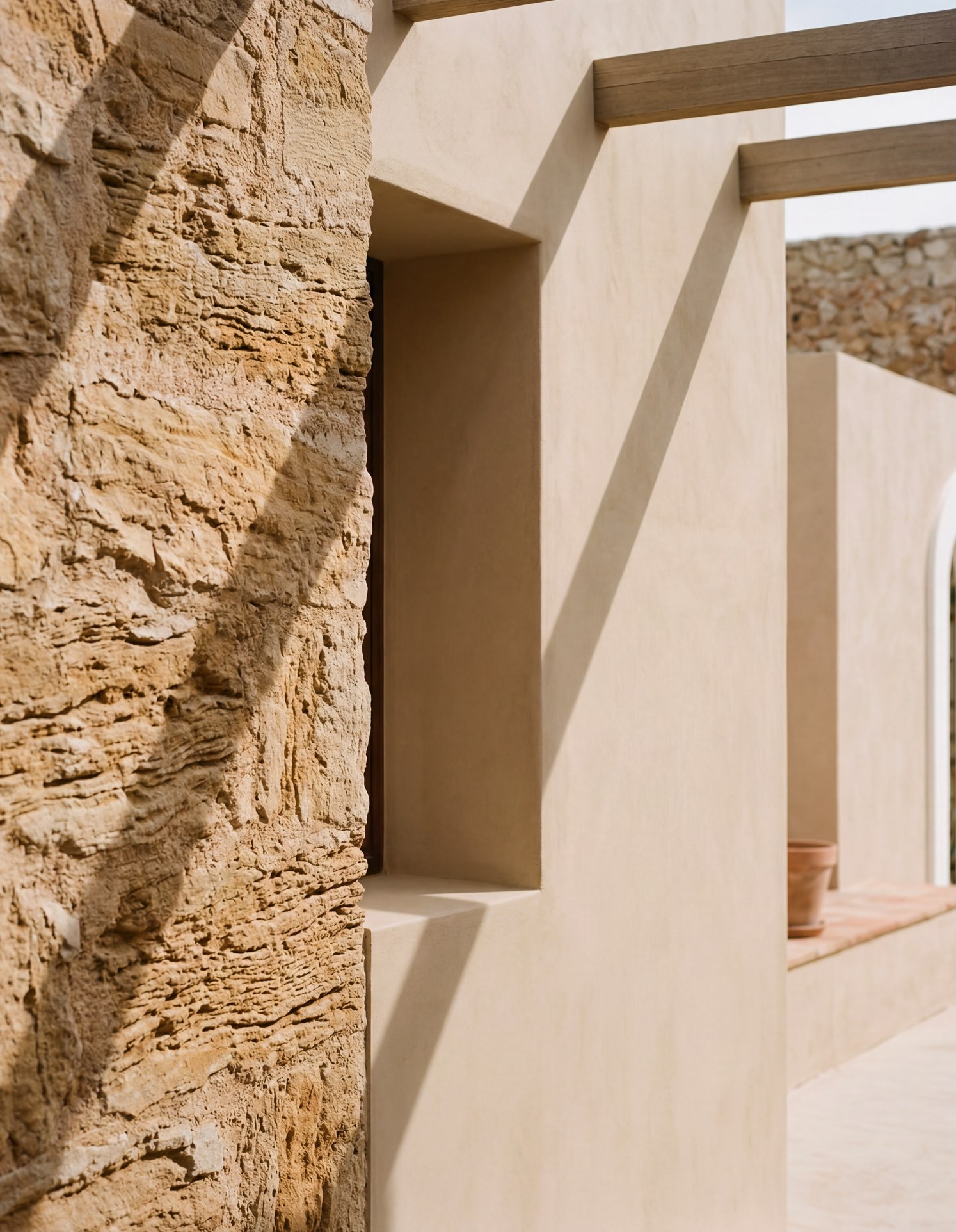Minimalist architectural detail with natural stone and soft light in Mallorca style interior