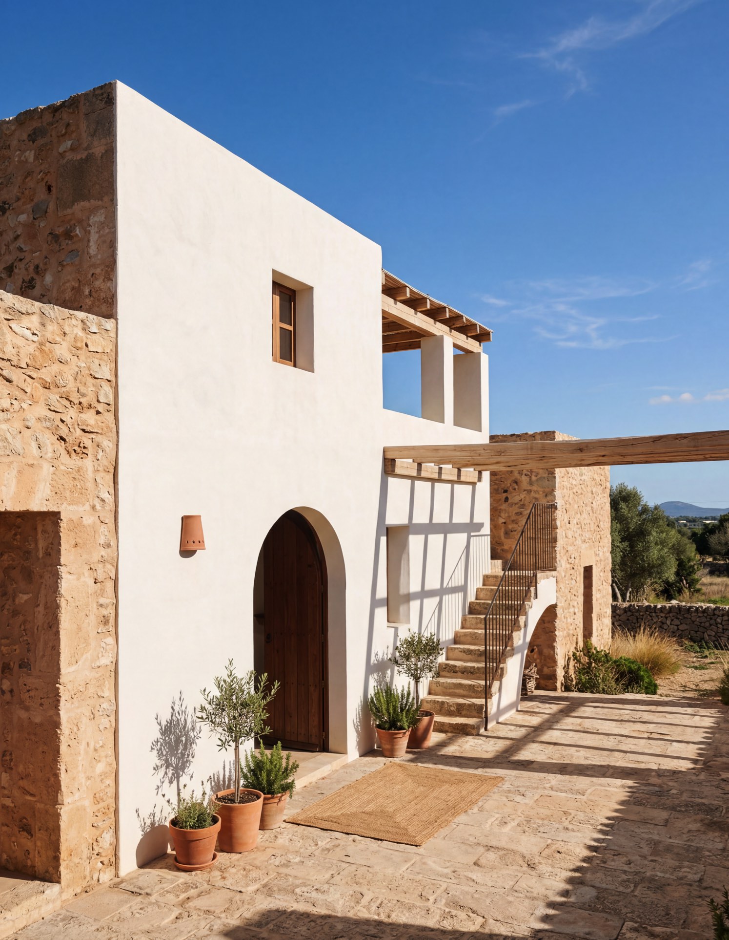 Minimalist Mediterranean villa patio with natural stone and plaster, geometric shadows and architectural composition