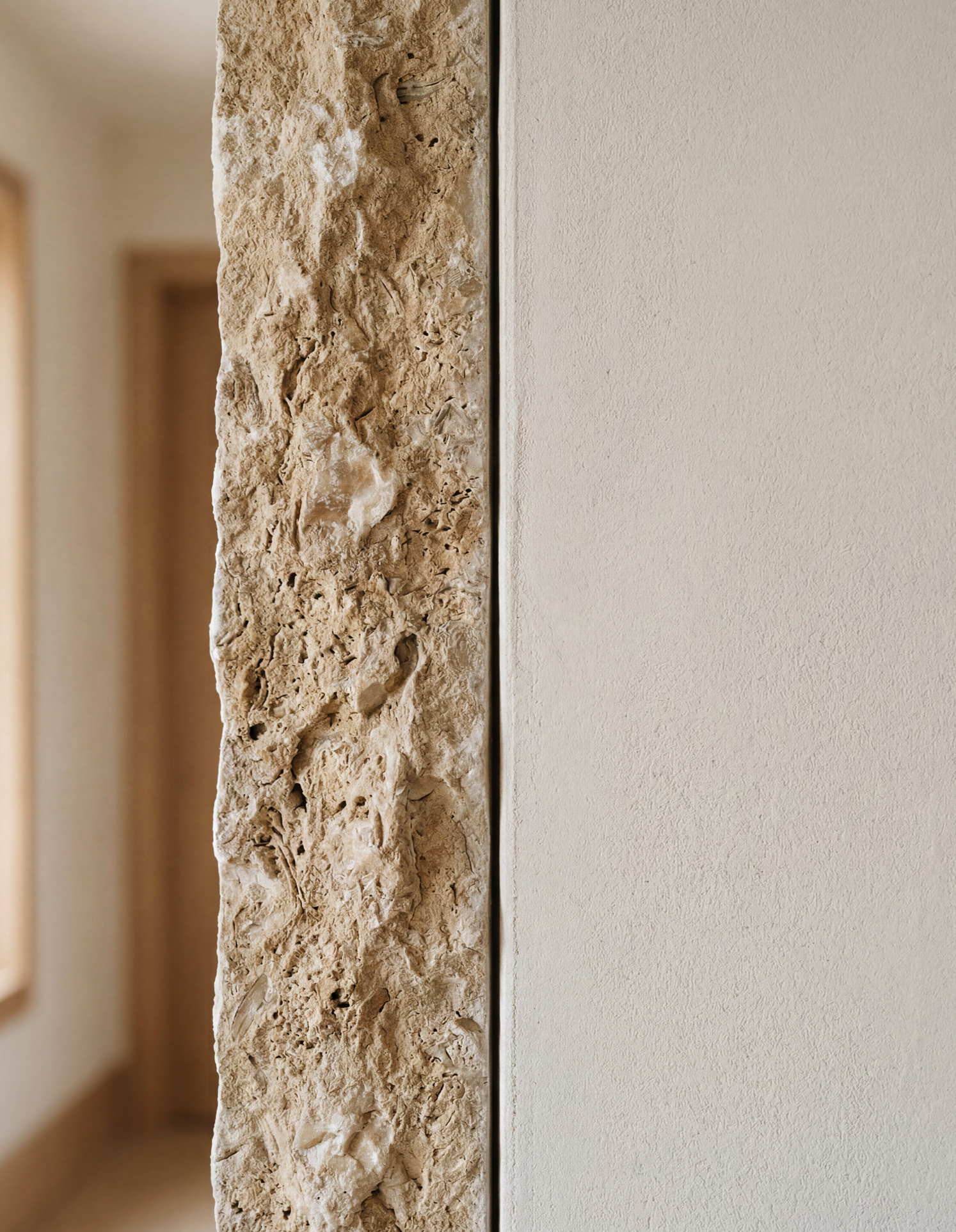 Close-up of natural stone wall with clean vertical junction and precise architectural detailing