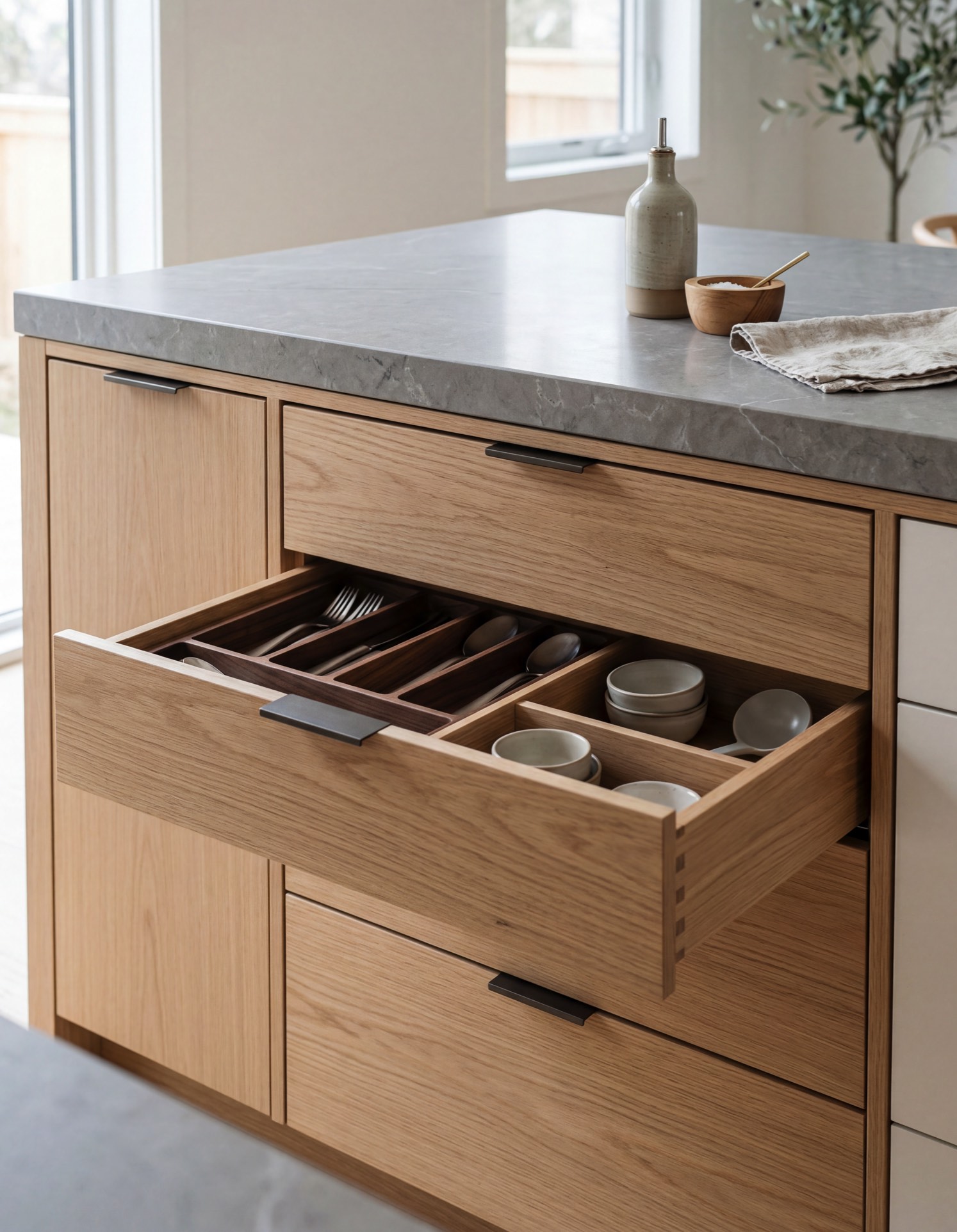 Oak kitchen drawer with integrated cutlery organization system showing functional storage and clean design