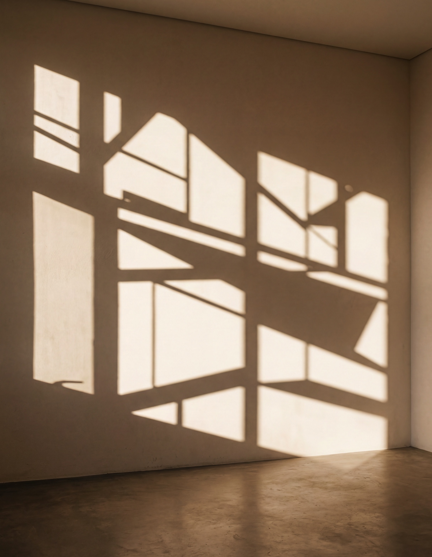 Geometric shadows cast by architectural structure on a minimal wall, showing light as part of spatial design
