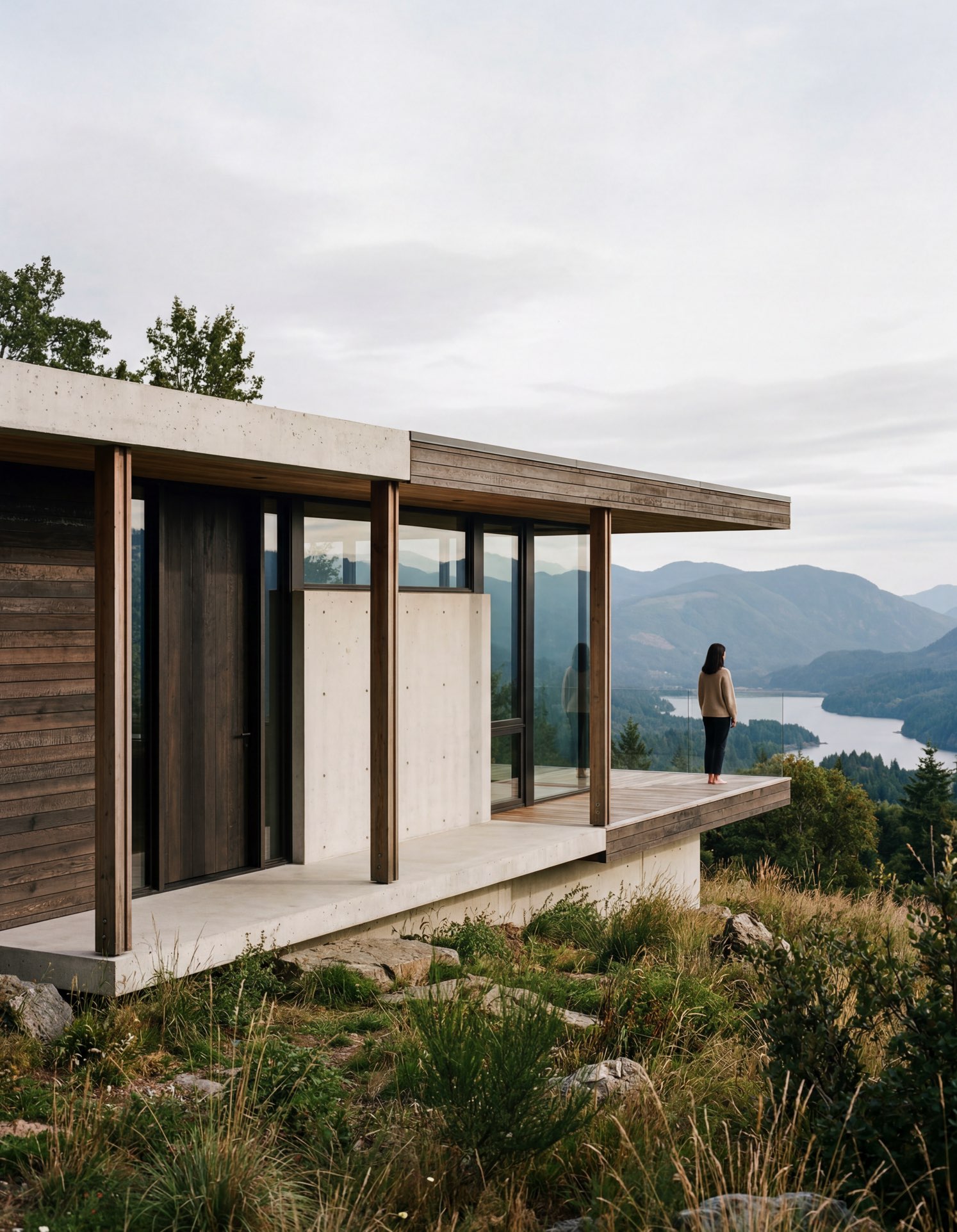 Modern minimalist house integrated with landscape, person standing on terrace overlooking mountains and lake