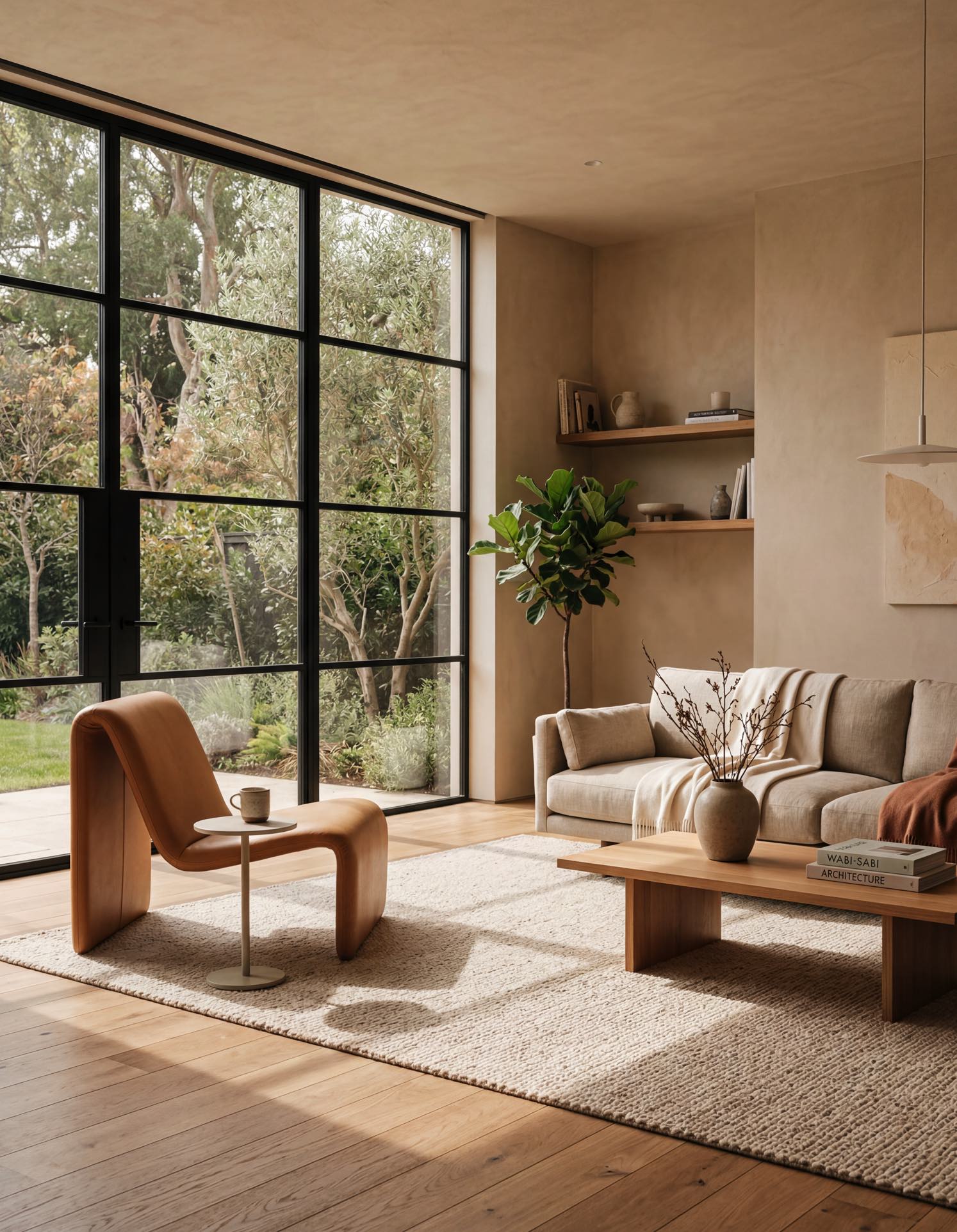 Minimalist living room with large black-framed windows, natural light and integrated interior design