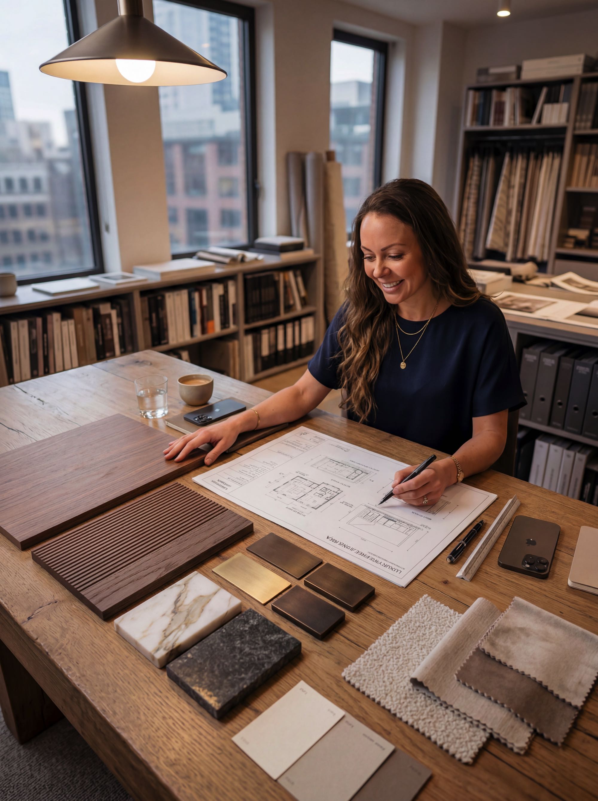 Interior designer reviewing architectural plans with premium material samples including wood veneer, stone and metal finishes in a luxury design studio.