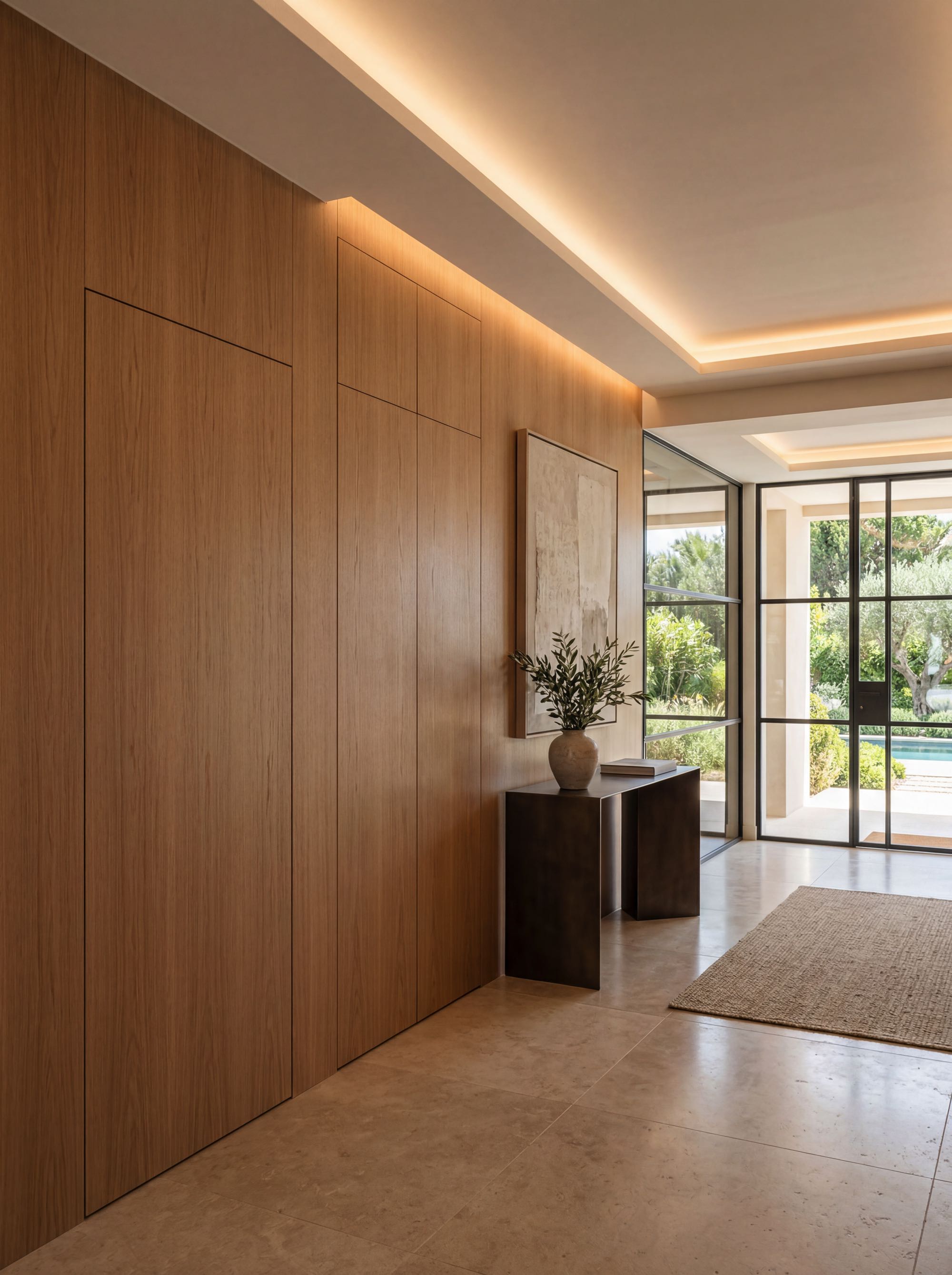 Luxury villa entrance with concealed oak wardrobes and a hidden flush door integrated into a seamless architectural wall system.