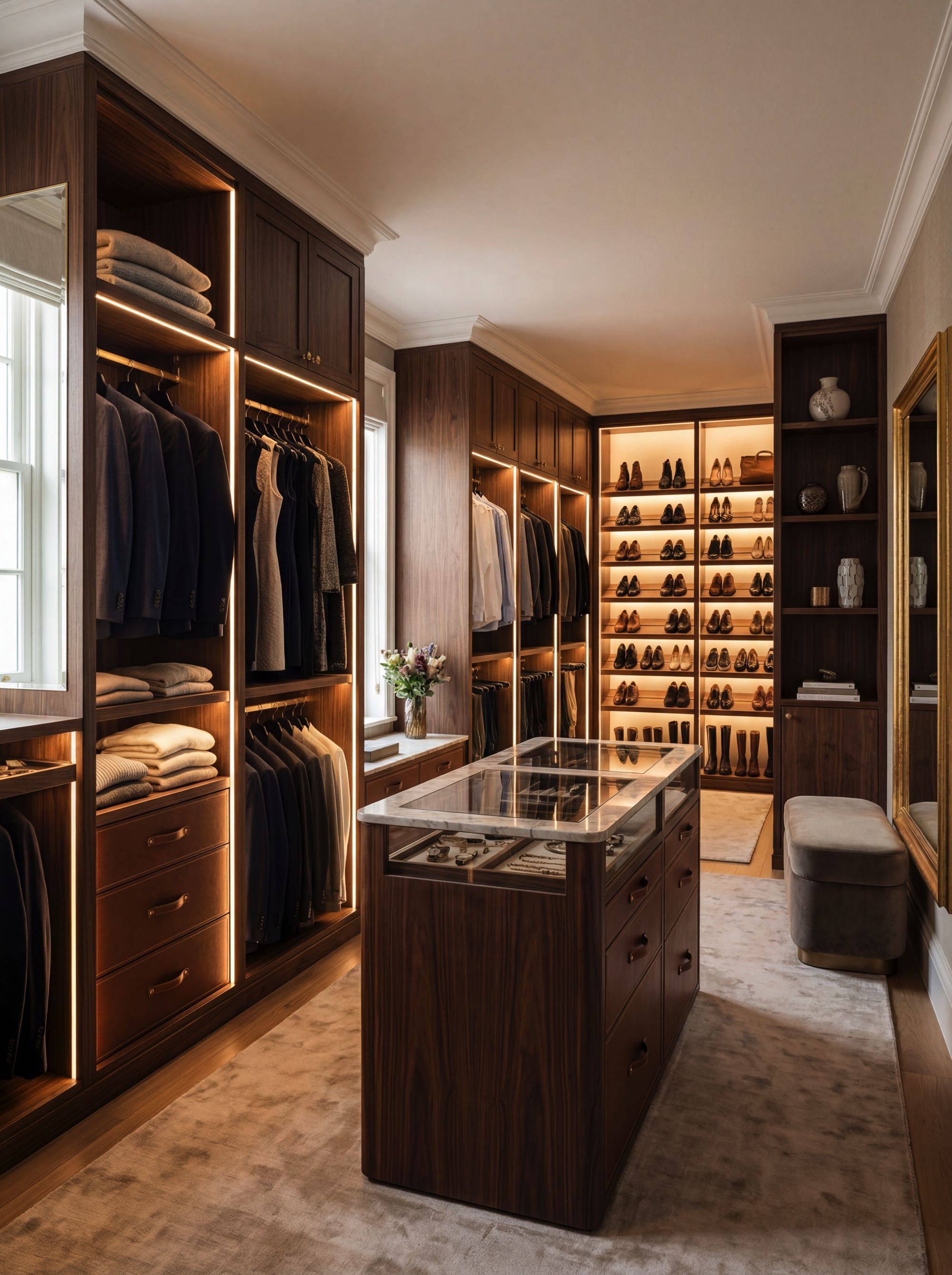 Luxury walk-in dressing space with walnut cabinetry, integrated lighting, tailored wardrobe storage and glass display island in a refined architectural interior.
