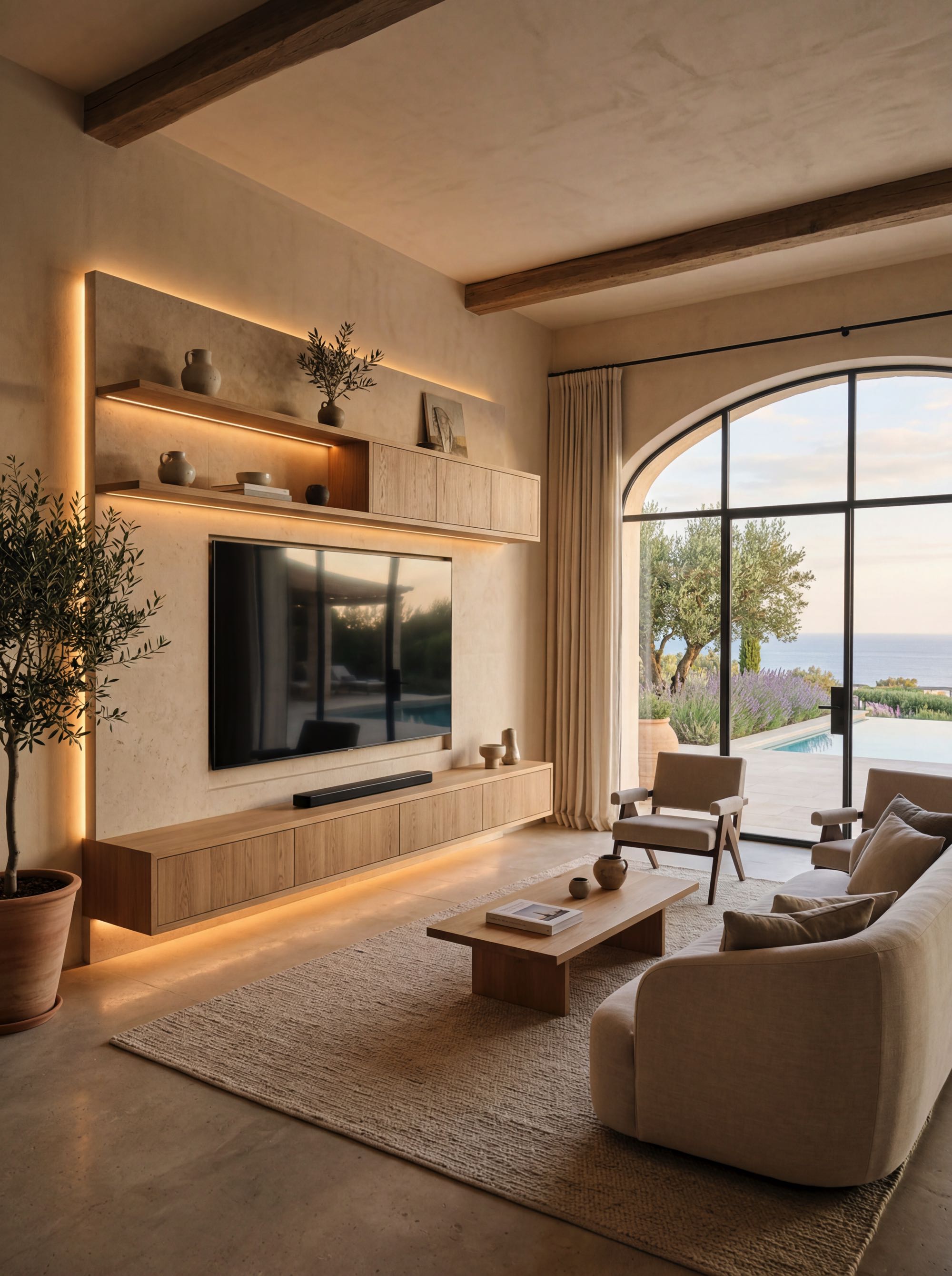 Luxury media wall with floating oak cabinetry, integrated ambient lighting, concealed storage and stone surfaces in a Mediterranean living room interior.