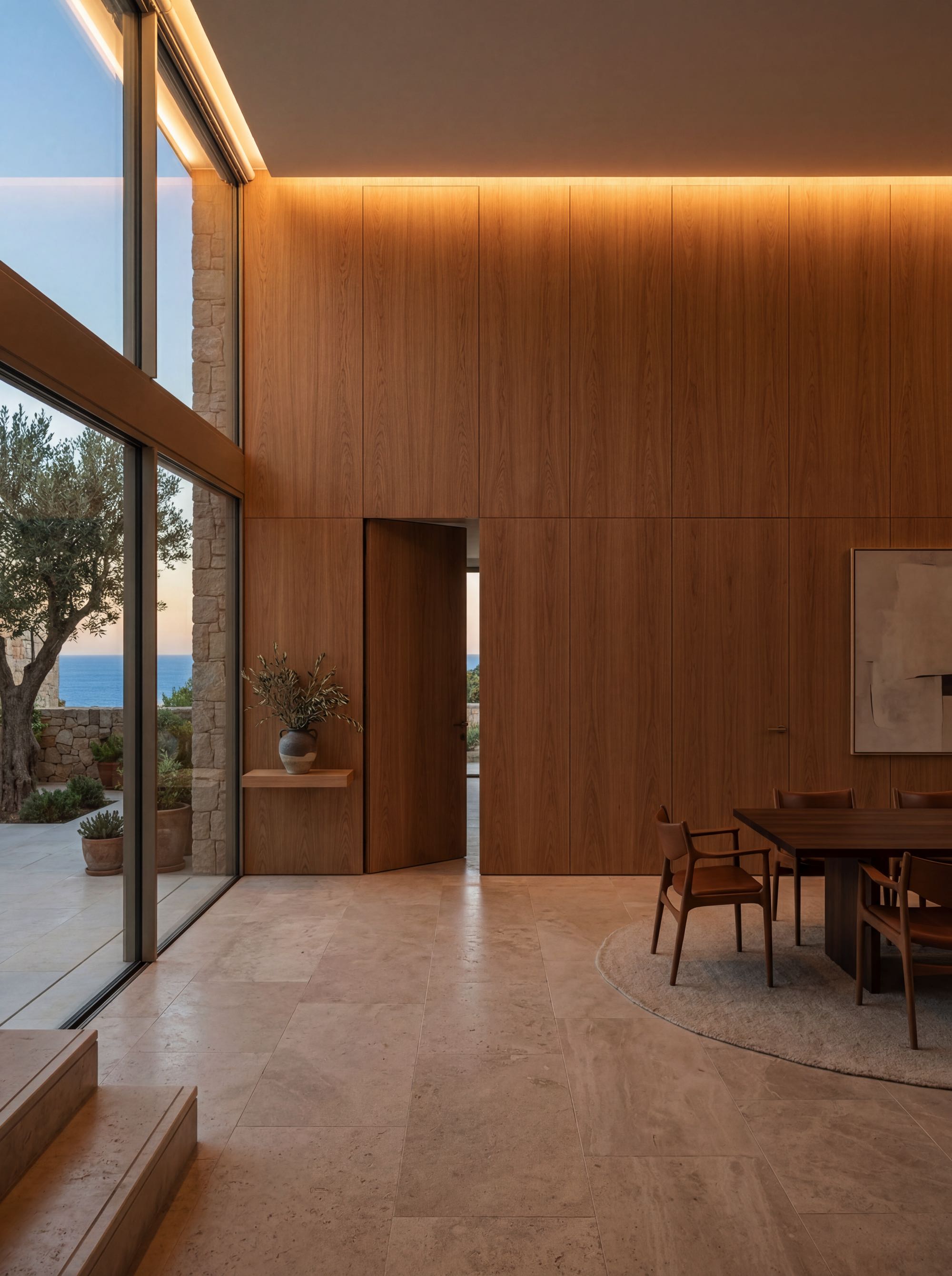 Luxury architectural interior system with full-height oak veneer panels, concealed doors, integrated lighting and seamless wall transitions in a Mediterranean villa.