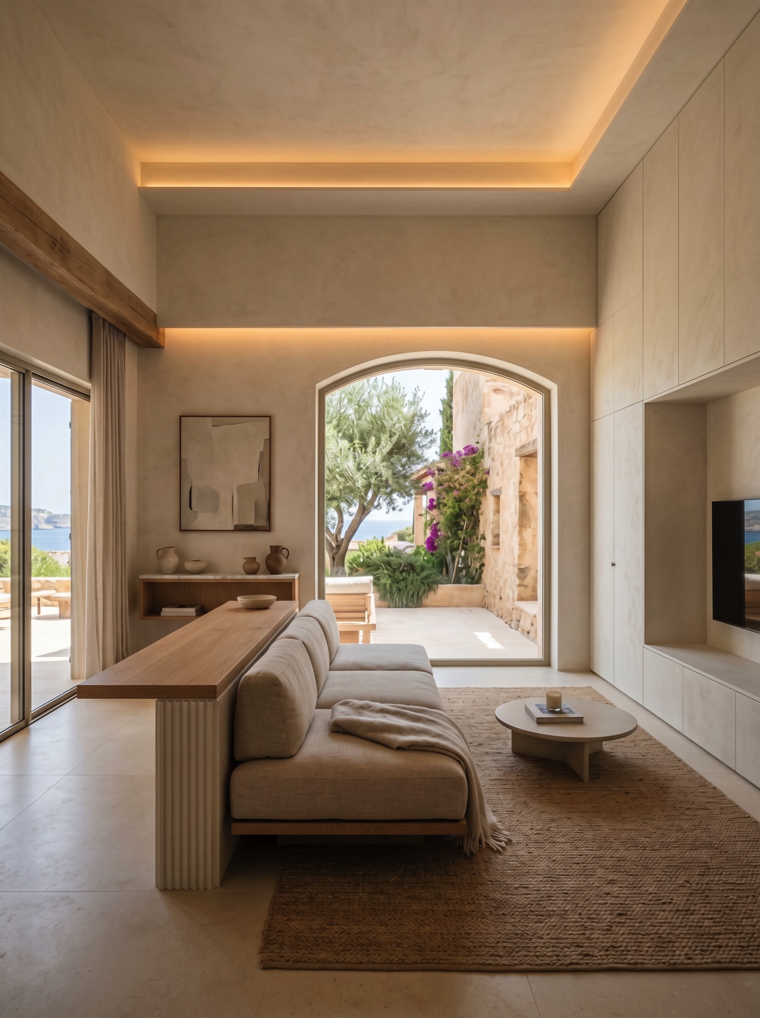 Open living space connecting kitchen lounge and outdoor terrace in Mallorca villa