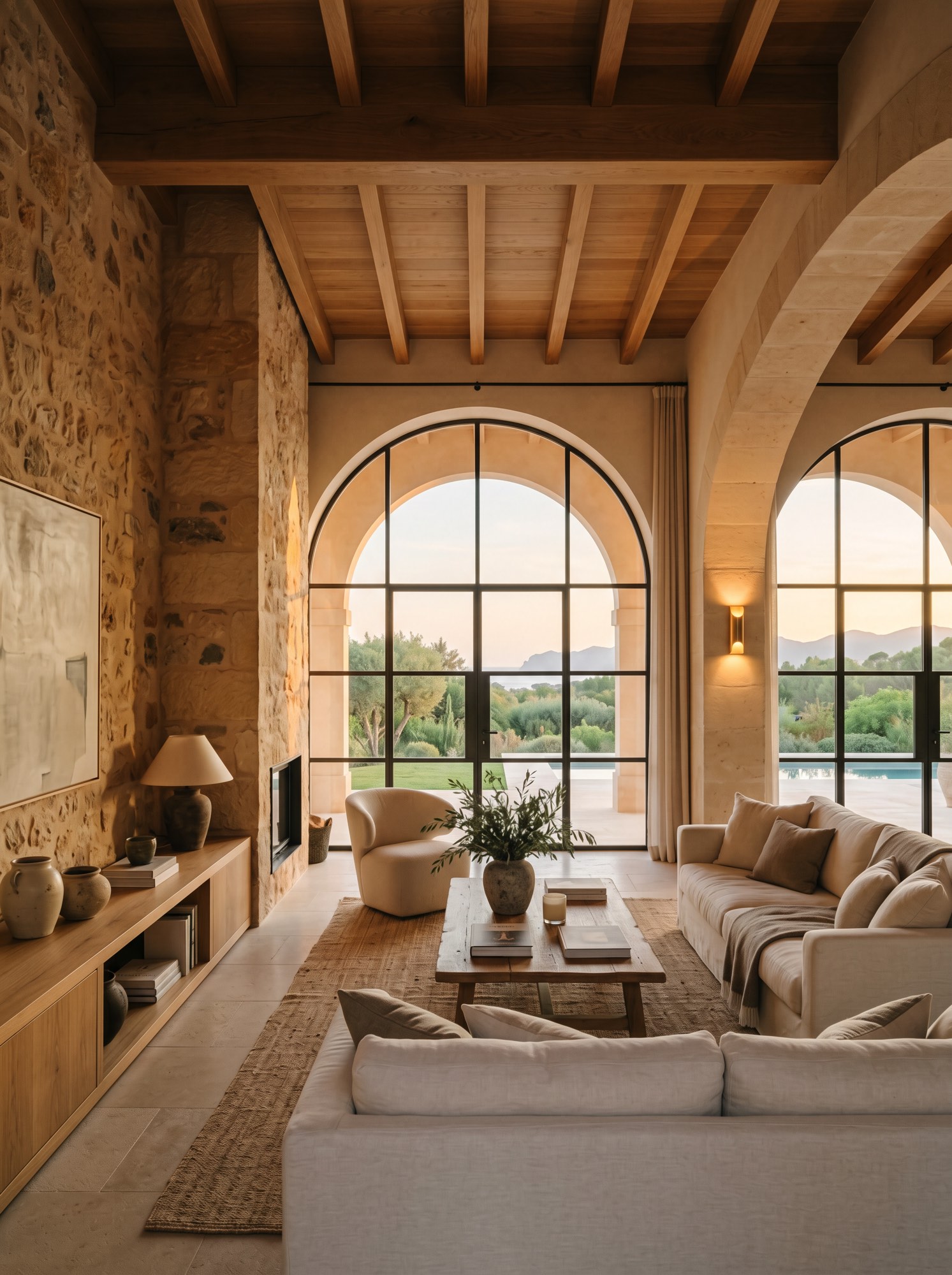 Luxury living environment balancing natural materials warm light and proportions