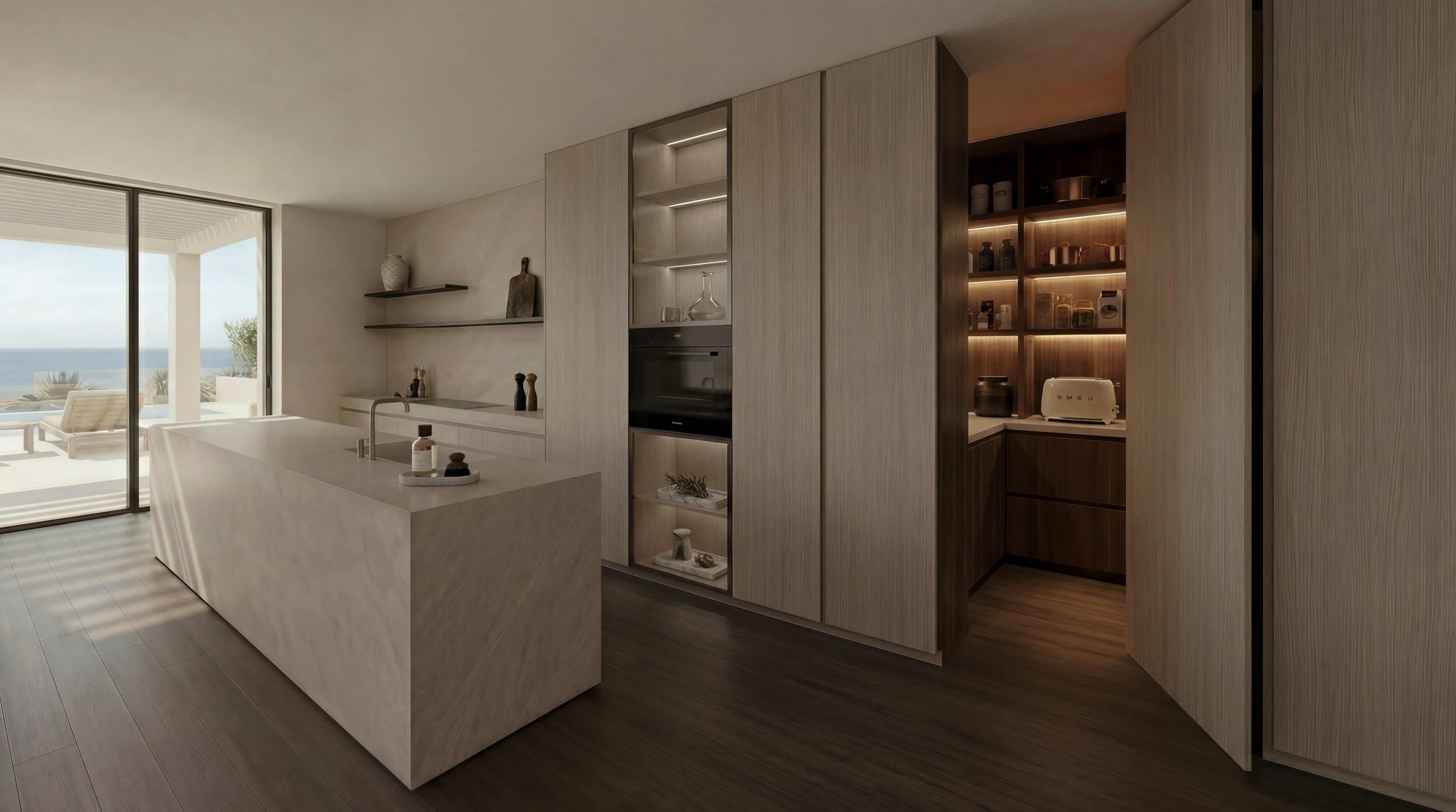 Custom kitchen with full wall cabinetry, hidden door and seamless wood design