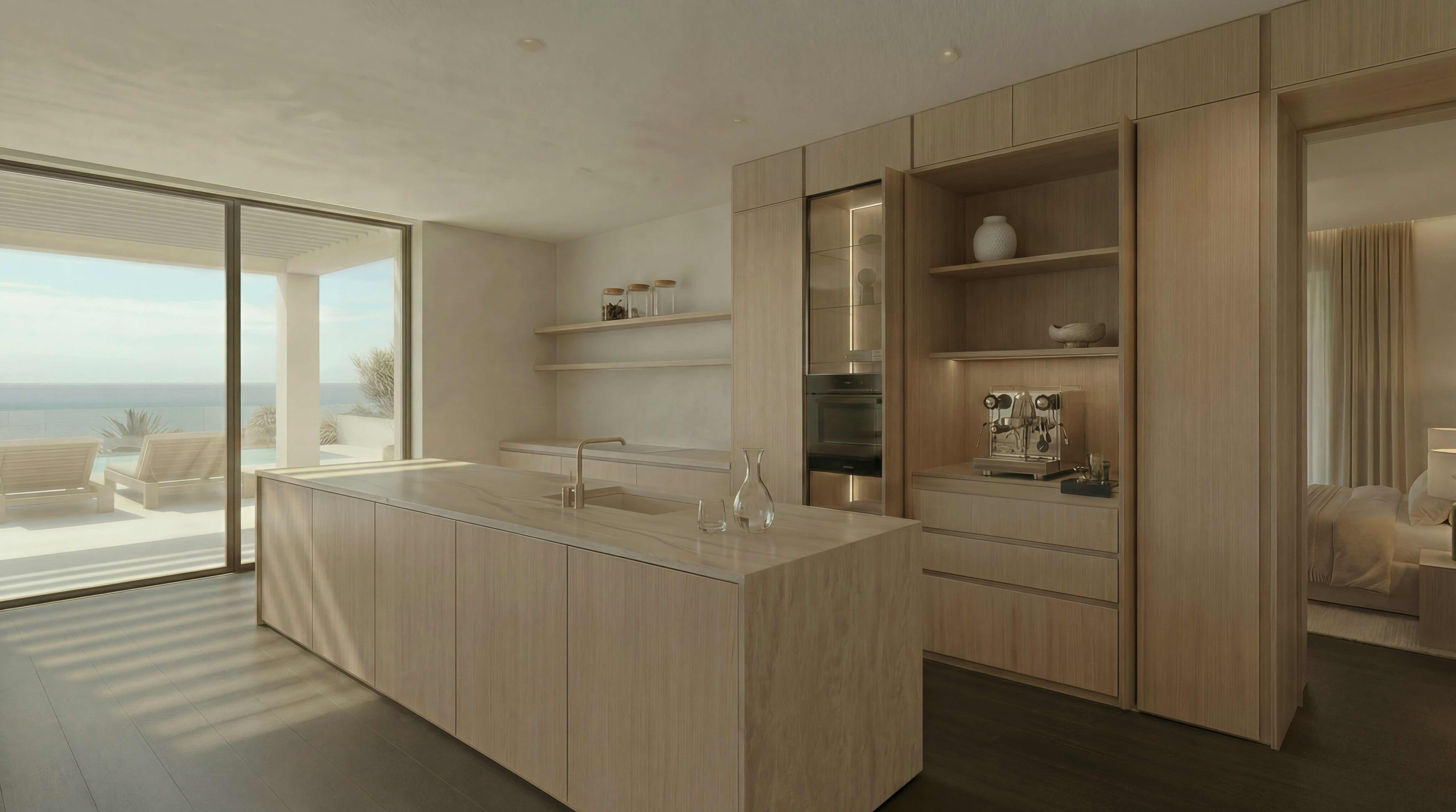 Modern kitchen with stone island, full-height cabinetry and glass display cabinet