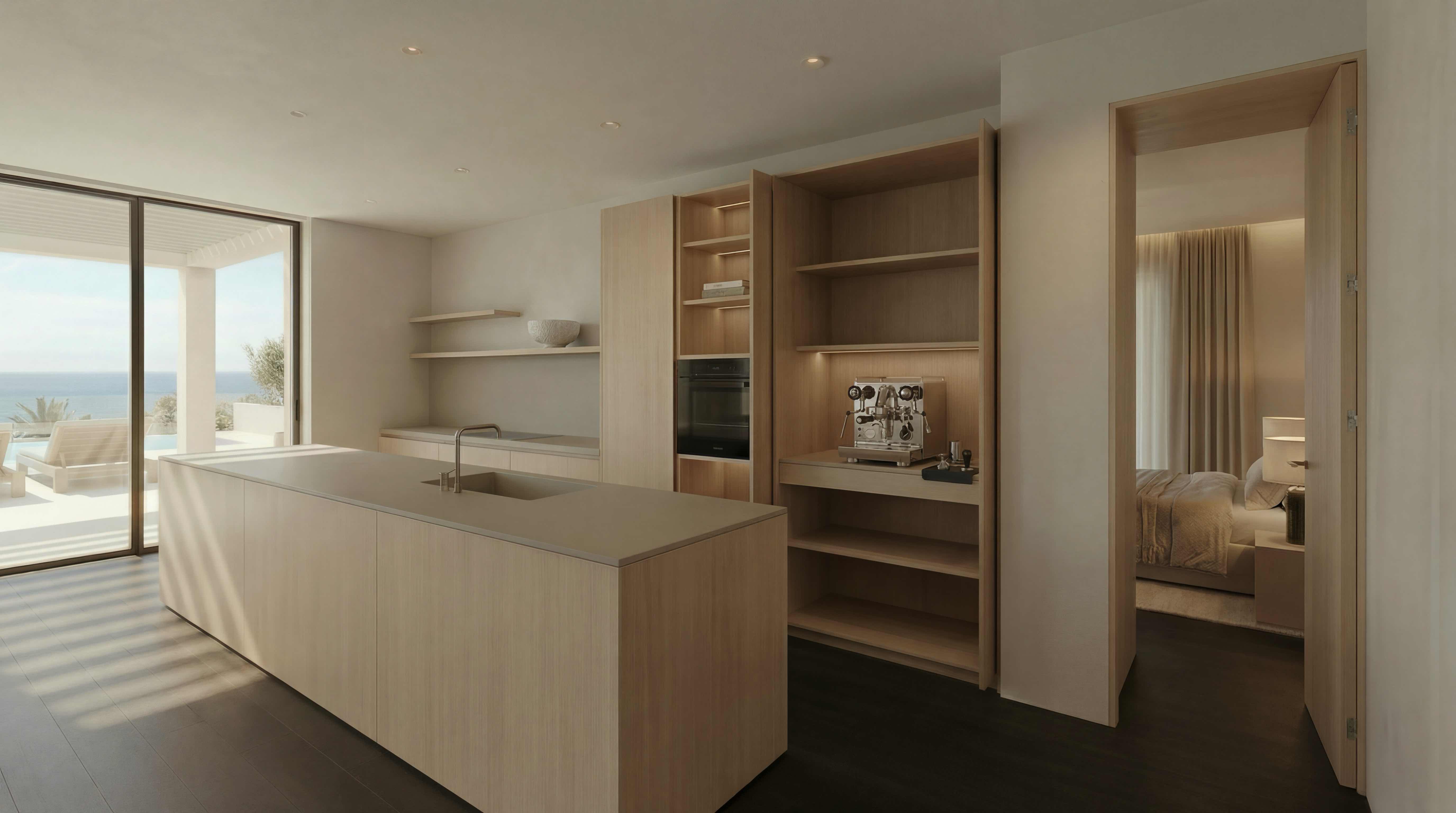 Minimalist kitchen with slim 12mm worktops and light wood cabinetry, clean and precise layout