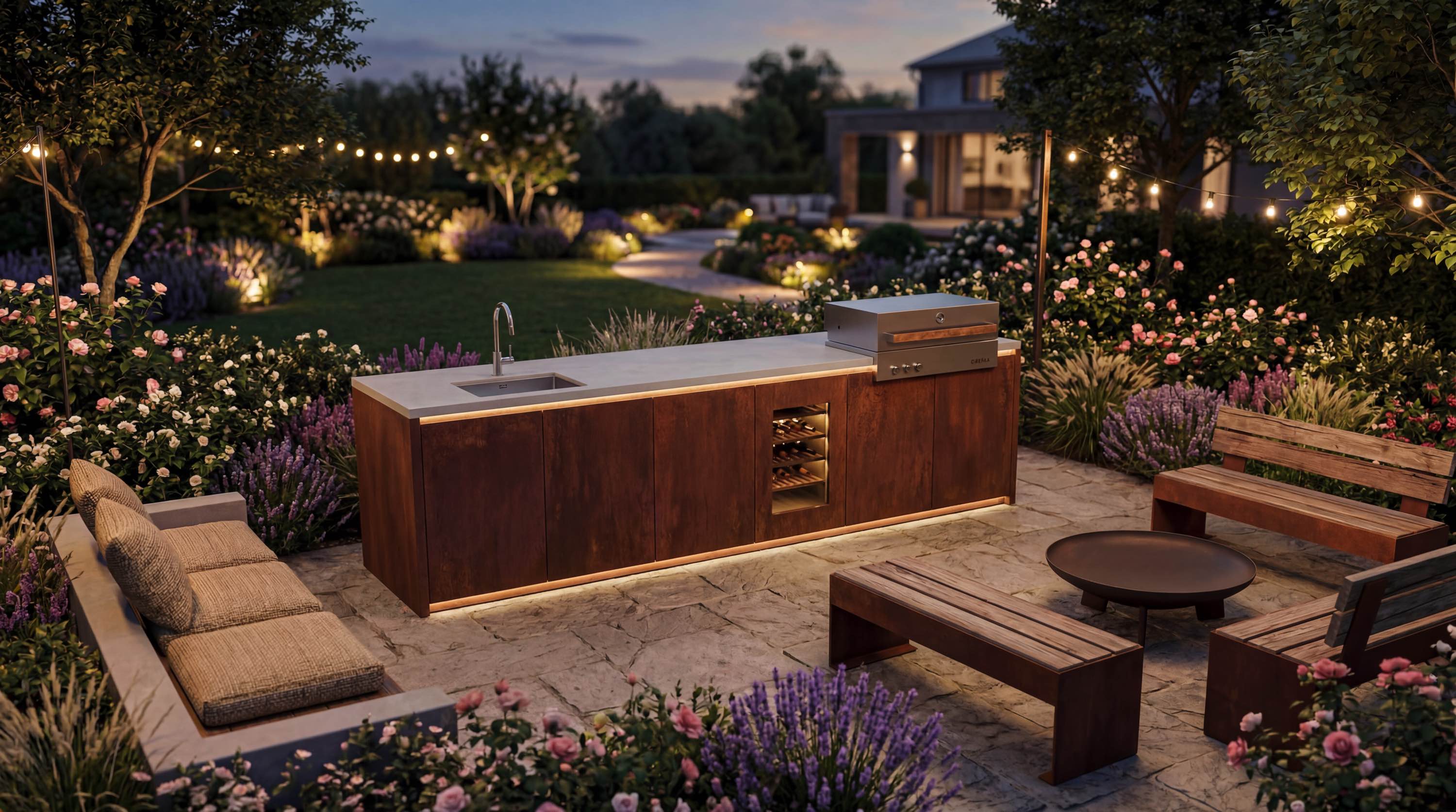 AXON ONE outdoor kitchen as a complete system in a landscaped garden at dusk, featuring integrated grill, sink and storage within a refined architectural setup