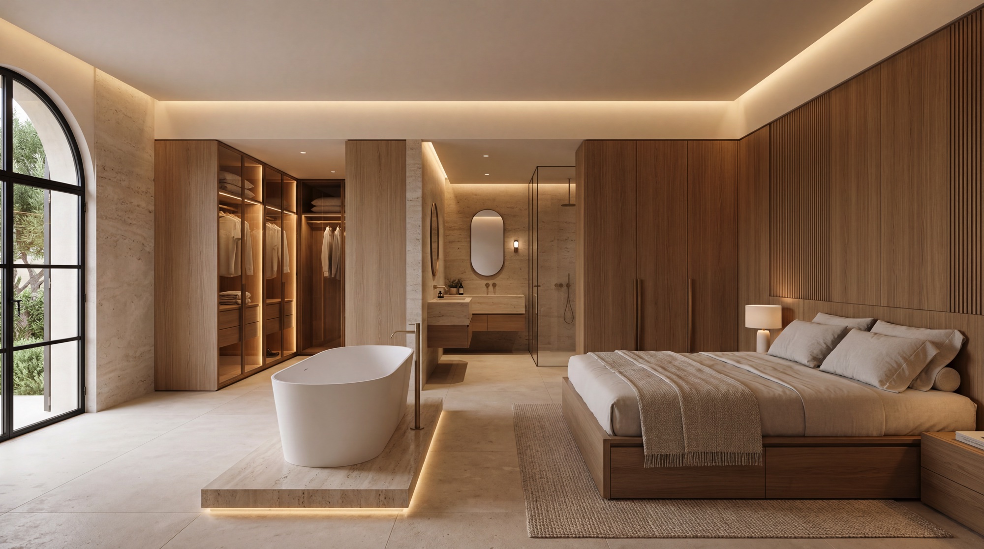 Luxury bedroom composition with integrated oak headboard wall, floating bedside tables, concealed LED lighting and natural stone details in a Mallorca villa.