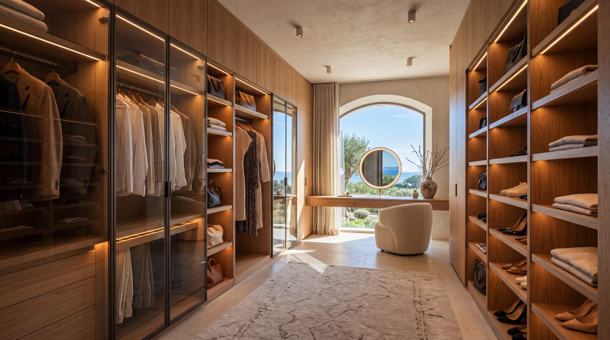 Luxury walk-in wardrobe in a Mediterranean villa with warm oak cabinetry, integrated LED lighting, glass wardrobe fronts, open shelving and elegant dressing area with sea view.