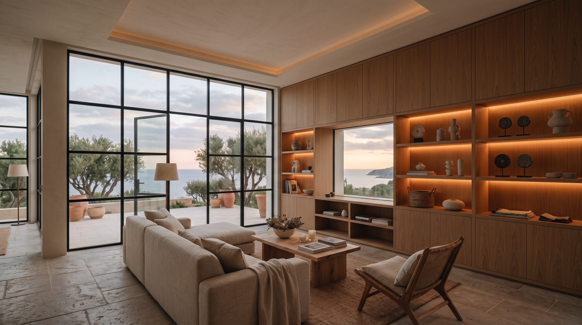 Quiet minimalist living room with warm indirect lighting and soft textures
