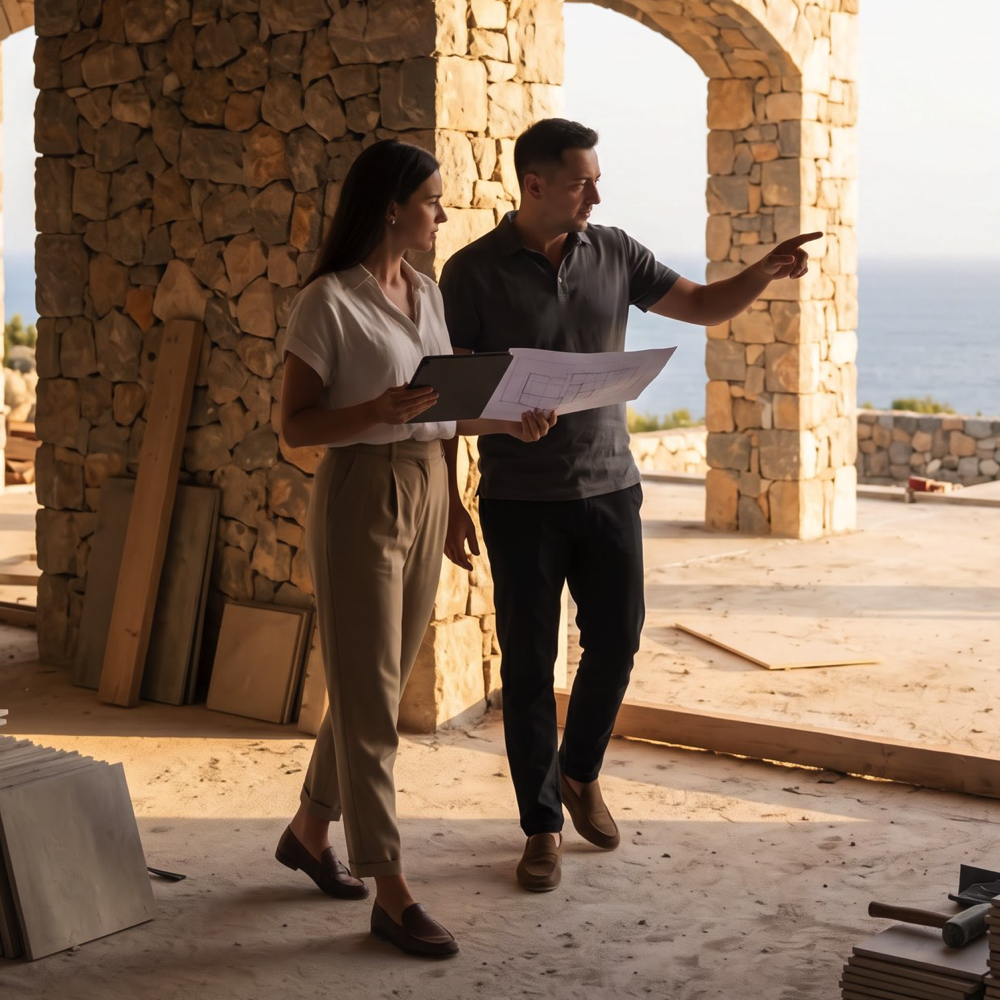 Founder of AX | ON reviewing a luxury Mediterranean villa project with architectural plans on-site in Mallorca
