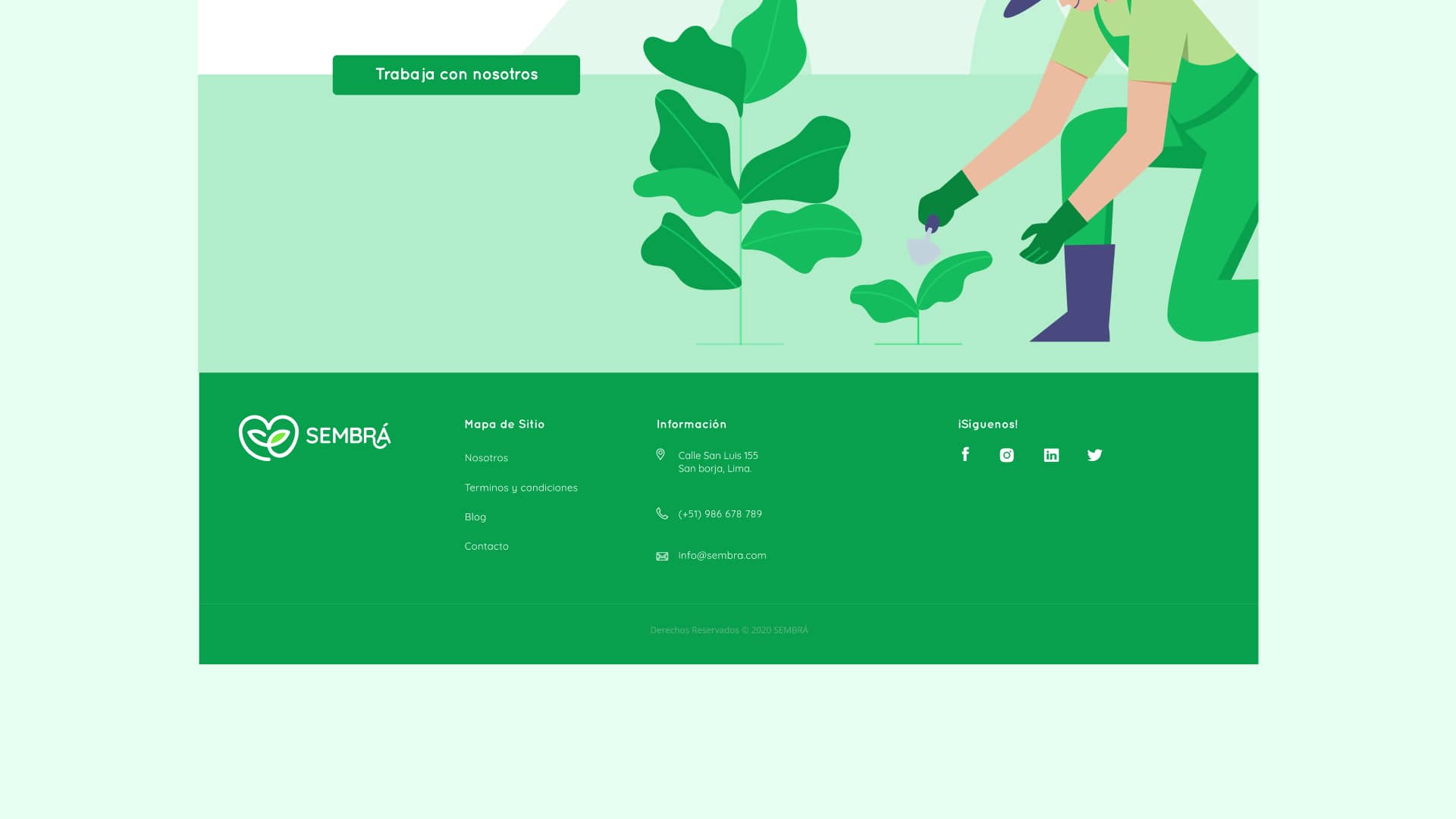 Ilustración de agricultor cuidando plantas en la sección Trabaja con Nosotros. Pie de página con información de contacto, dirección y redes sociales de Fundación Sembrá