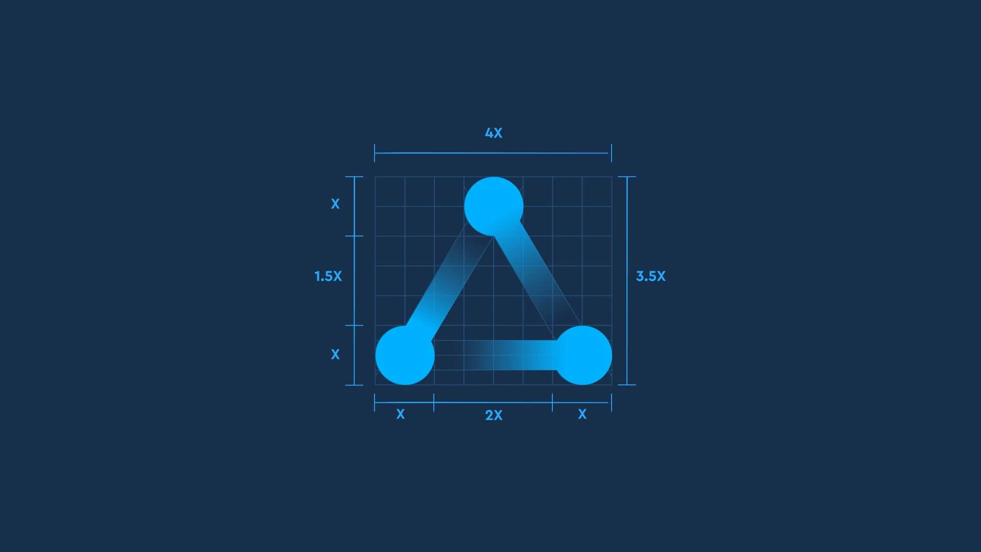 Plano técnico de construcción del isotipo triangular de Adiss sobre una retícula, mostrando las proporciones geométricas y medidas exactas