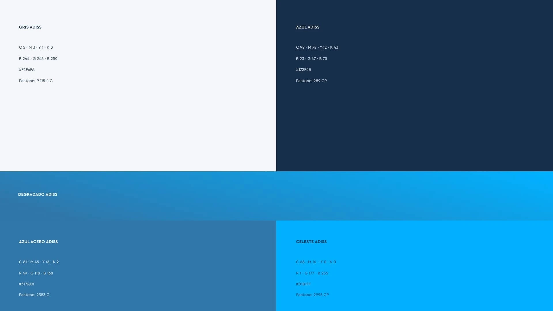Paleta de colores de marca ADISS con códigos de color detallados. Muestra cuatro bloques principales: Gris Adiss, Azul Adiss, Azul Acero Adiss y Celeste Adiss