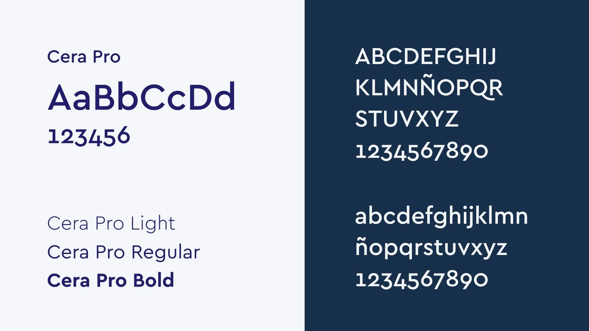 Guía de la tipografía corporativa Cera Pro de Adiss, mostrando los pesos Light, Regular y Bold, junto con el set completo de caracteres alfabéticos y numéricos sobre fondos blanco y azul oscuro