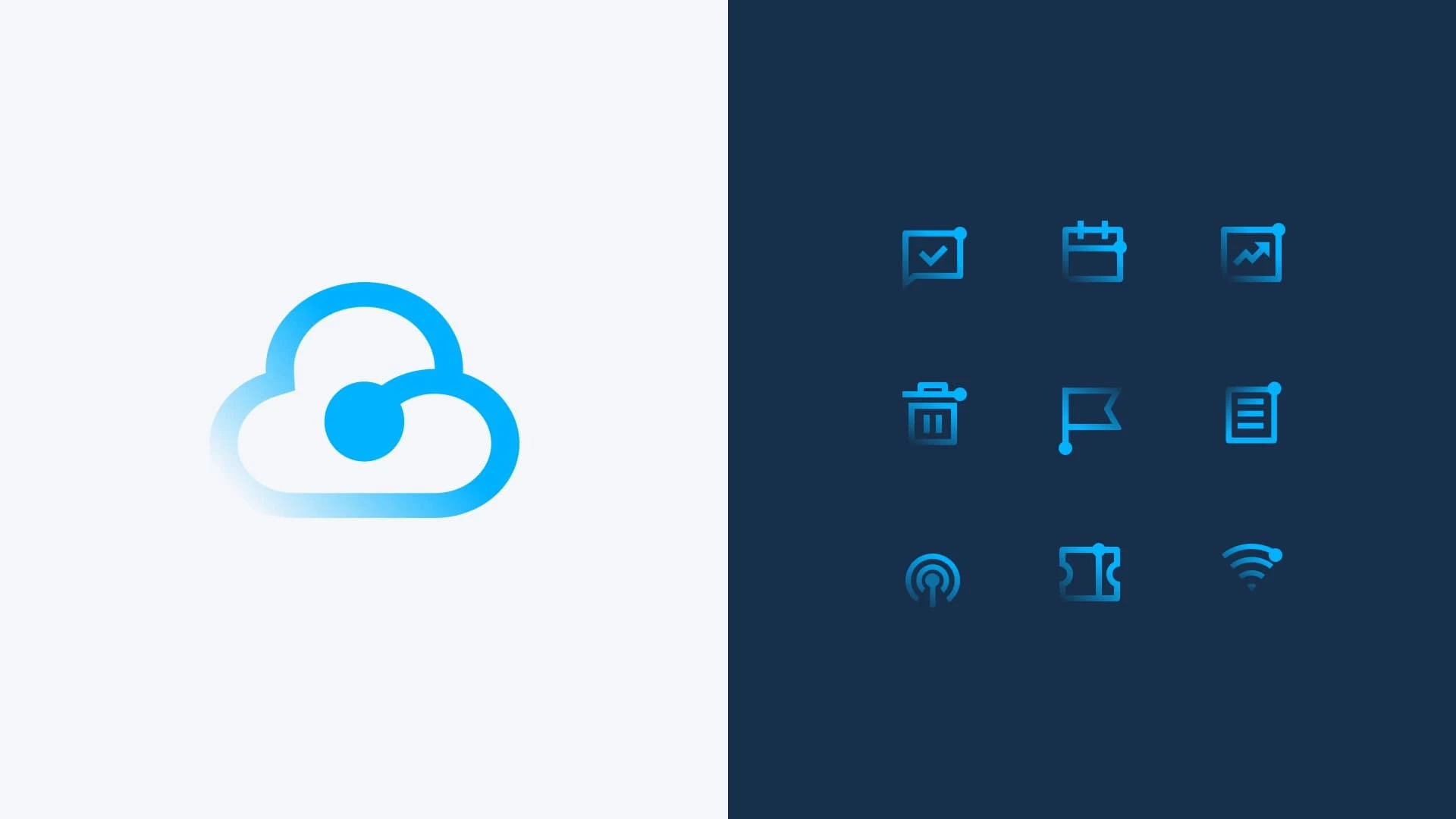 Imagen dividida en dos secciones: a la izquierda, sobre fondo blanco, un logotipo de nube estilizado con un degradado azul brillante y un punto de conexión central. A la derecha, sobre un fondo azul oscuro, un conjunto de nueve iconos de interfaz minimalis