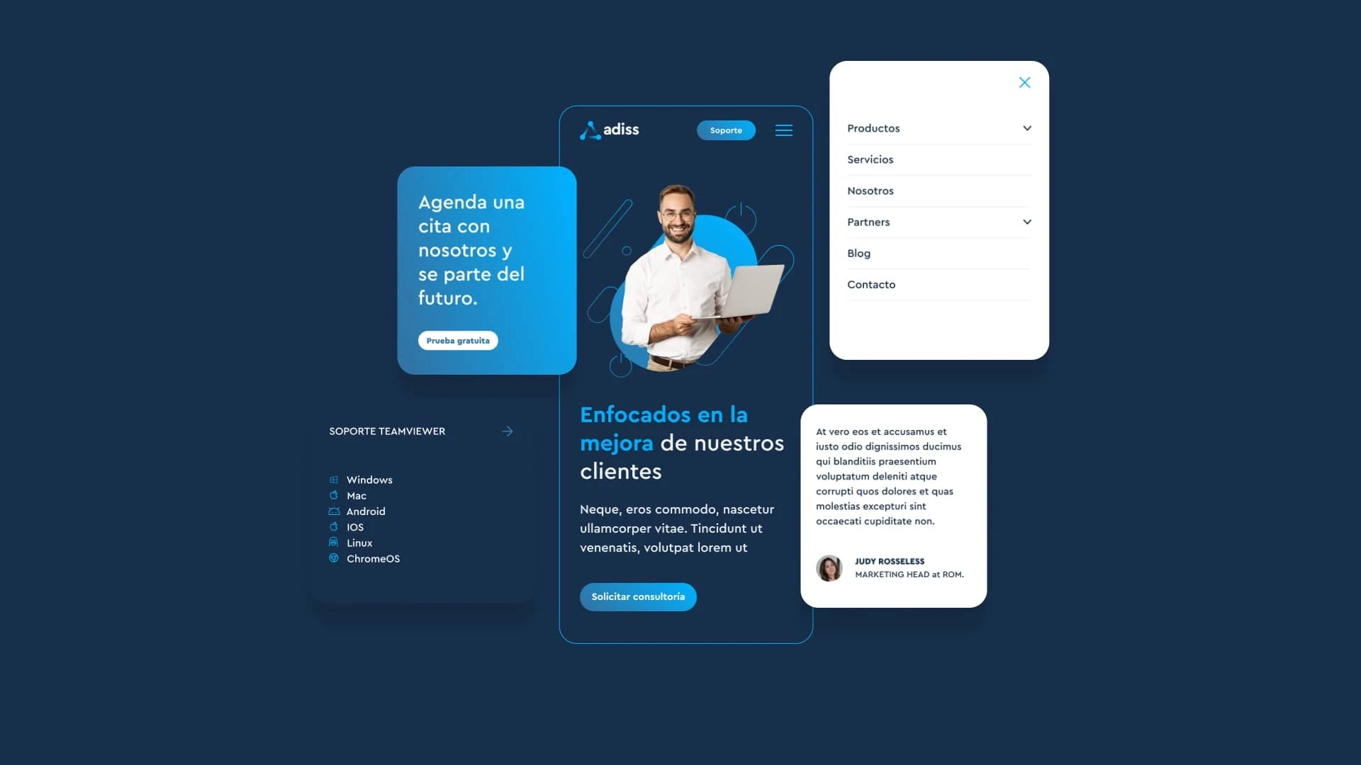 Mockup de interfaz de usuario flotante sobre fondo azul oscuro, mostrando la aplicación móvil de Adiss con un hombre sosteniendo una laptop, rodeada de widgets para agendar citas, soporte TeamViewer, menú de navegación y testimonio de clientes