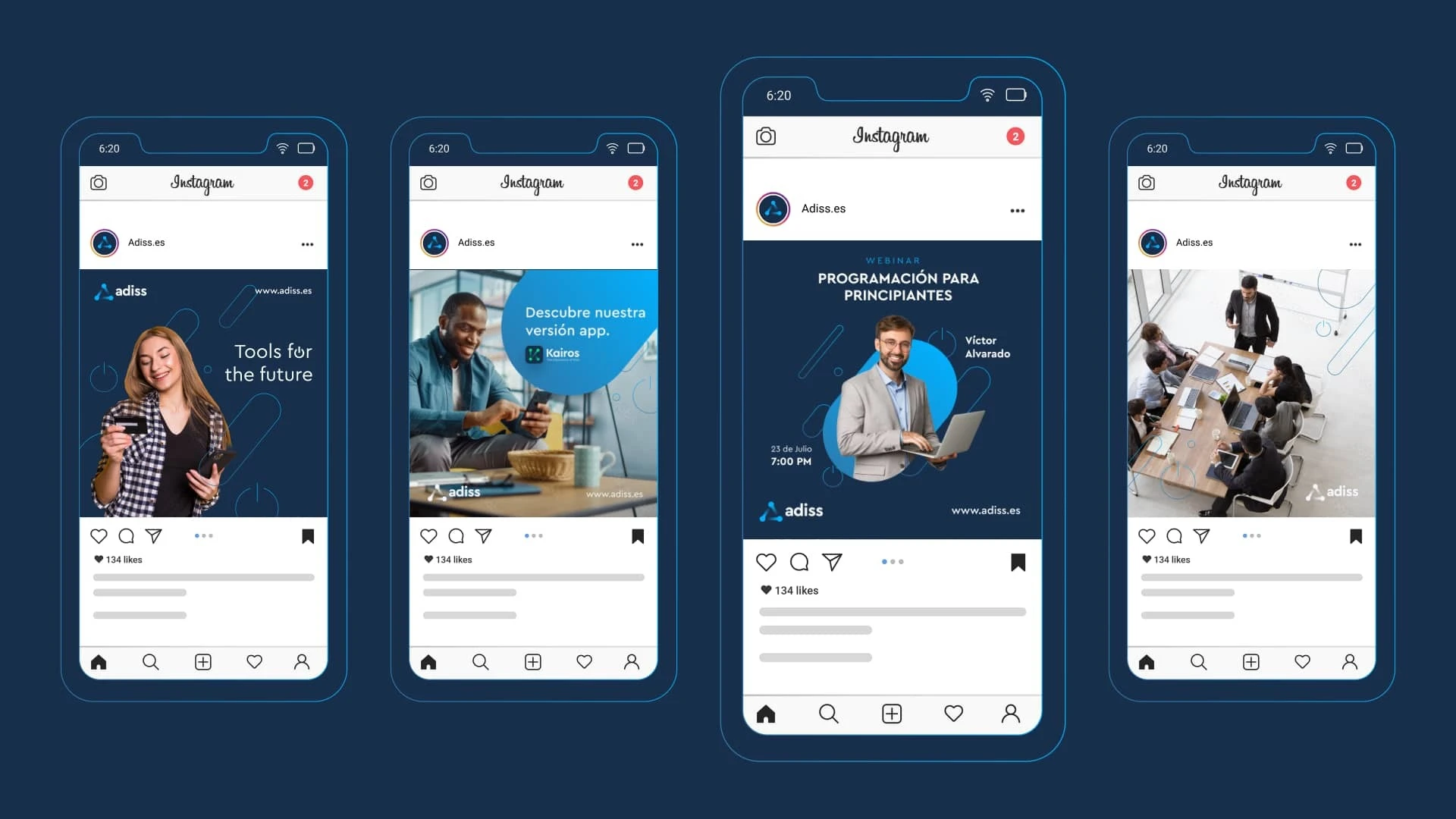 Cuatro pantallas de teléfonos móviles mostrando el feed de Instagram de la cuenta Adiss.es, con publicaciones que incluyen una mujer con el texto 'Tools for the future', un anuncio de la app Kairos, un flyer de webinar de programación y una foto de reunión
