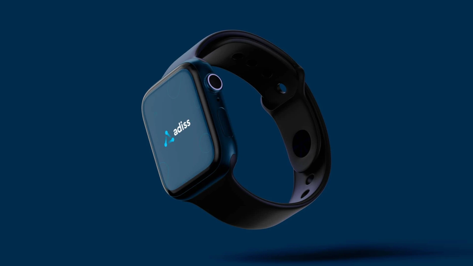 Reloj inteligente con correa negra flotando sobre un fondo azul oscuro, mostrando el logotipo de "adiss" iluminado en la pantalla digital