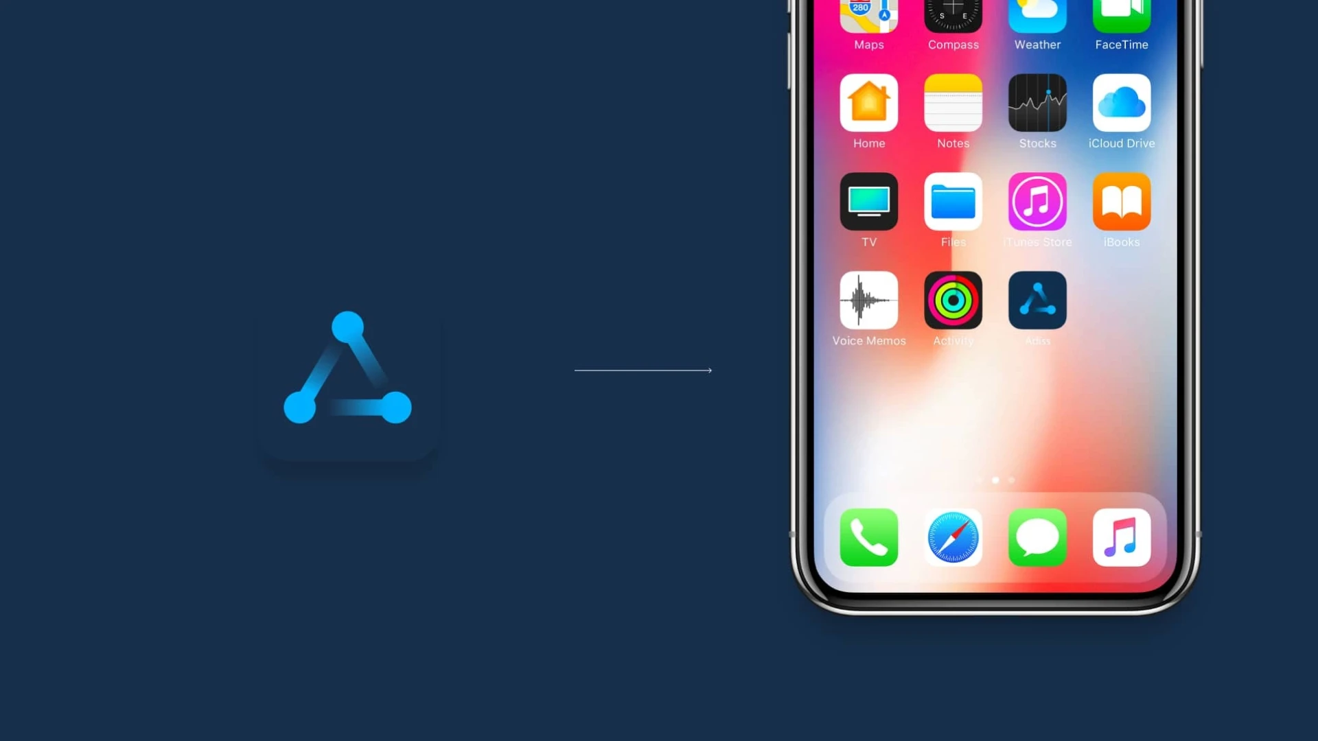 Muestra del diseño del icono de la aplicación móvil de Adiss y su visualización real integrado en la pantalla de inicio de un iPhone con interfaz iOS