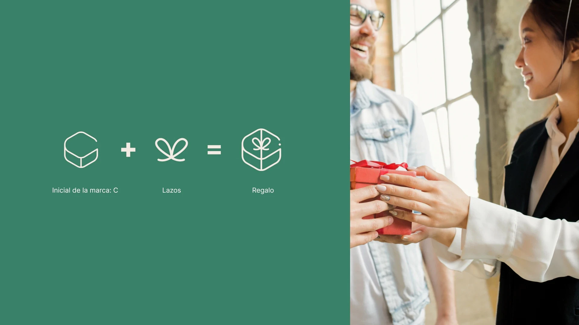 Racional del diseño del logotipo combinando la inicial C y lazos para crear un icono de regalo junto a una imagen de personas compartiendo un obsequio