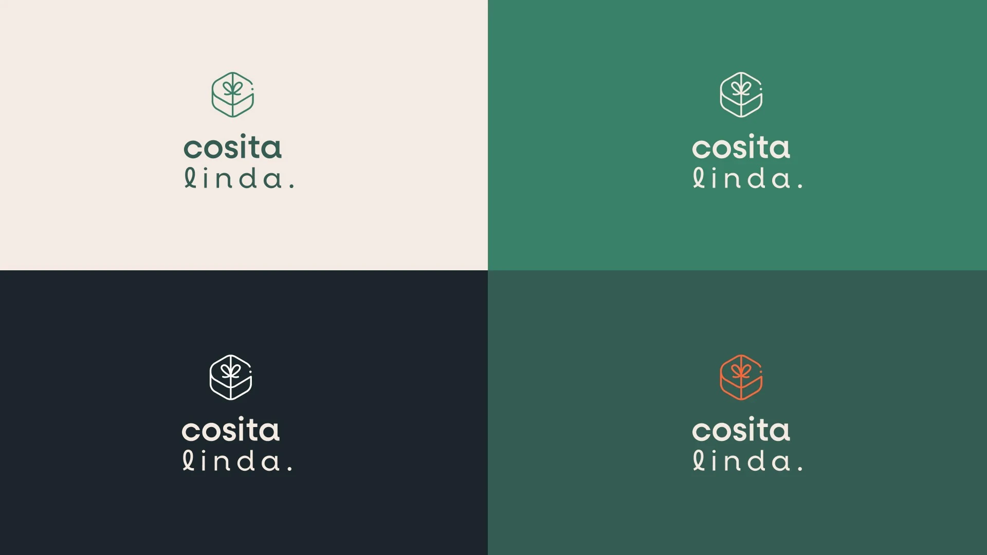 Presentación de la identidad visual de Cosita Linda mostrando variaciones del logotipo en cuatro combinaciones de colores corporativos: crema, verde, negro y naranja