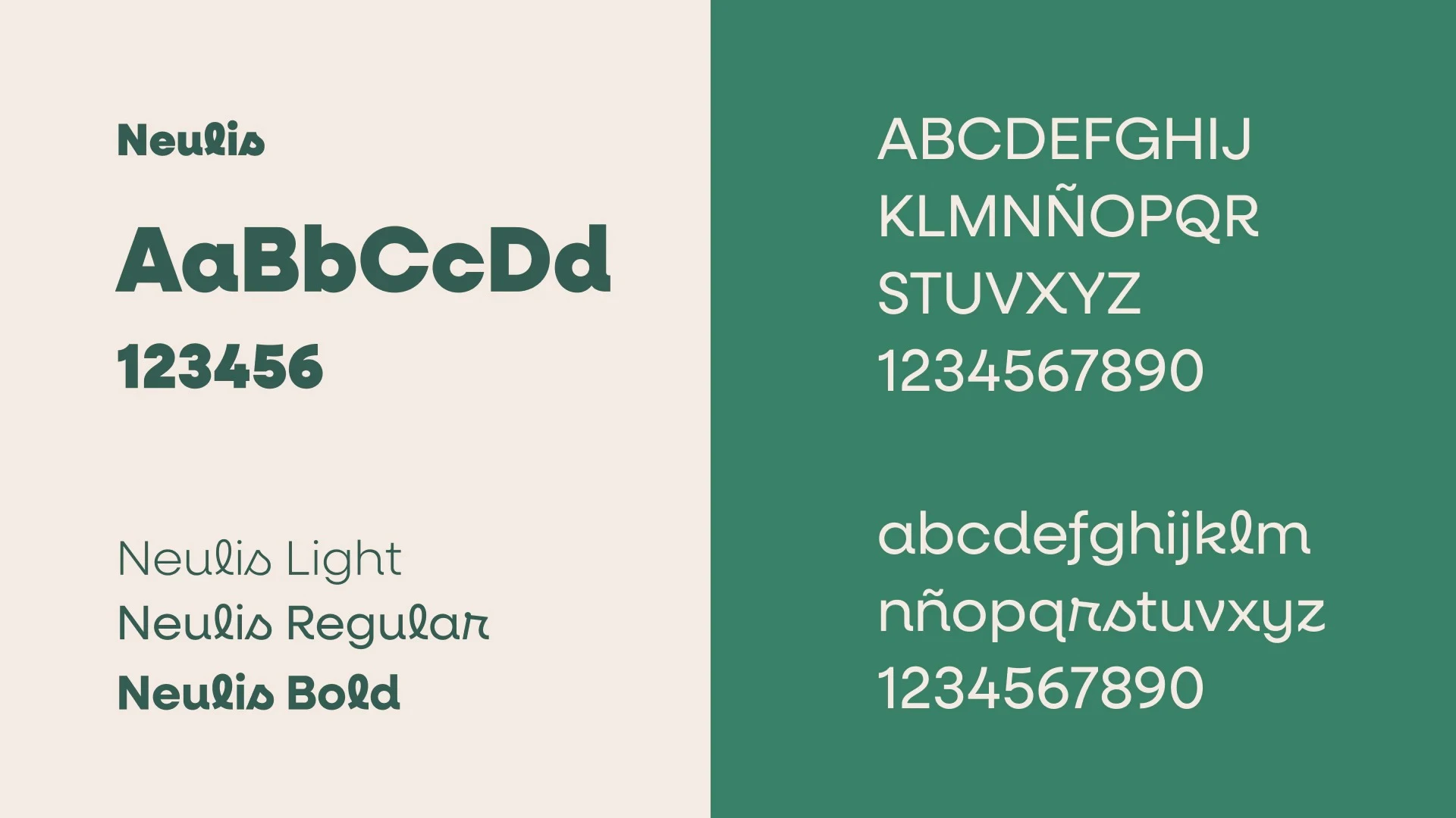 Presentación de la tipografía Neulis dividida en dos secciones: izquierda con fondo beige mostrando pesos Light, Regular y Bold en verde oscuro; derecha con fondo verde mostrando el alfabeto completo en mayúsculas y minúsculas estilizadas junto a números e