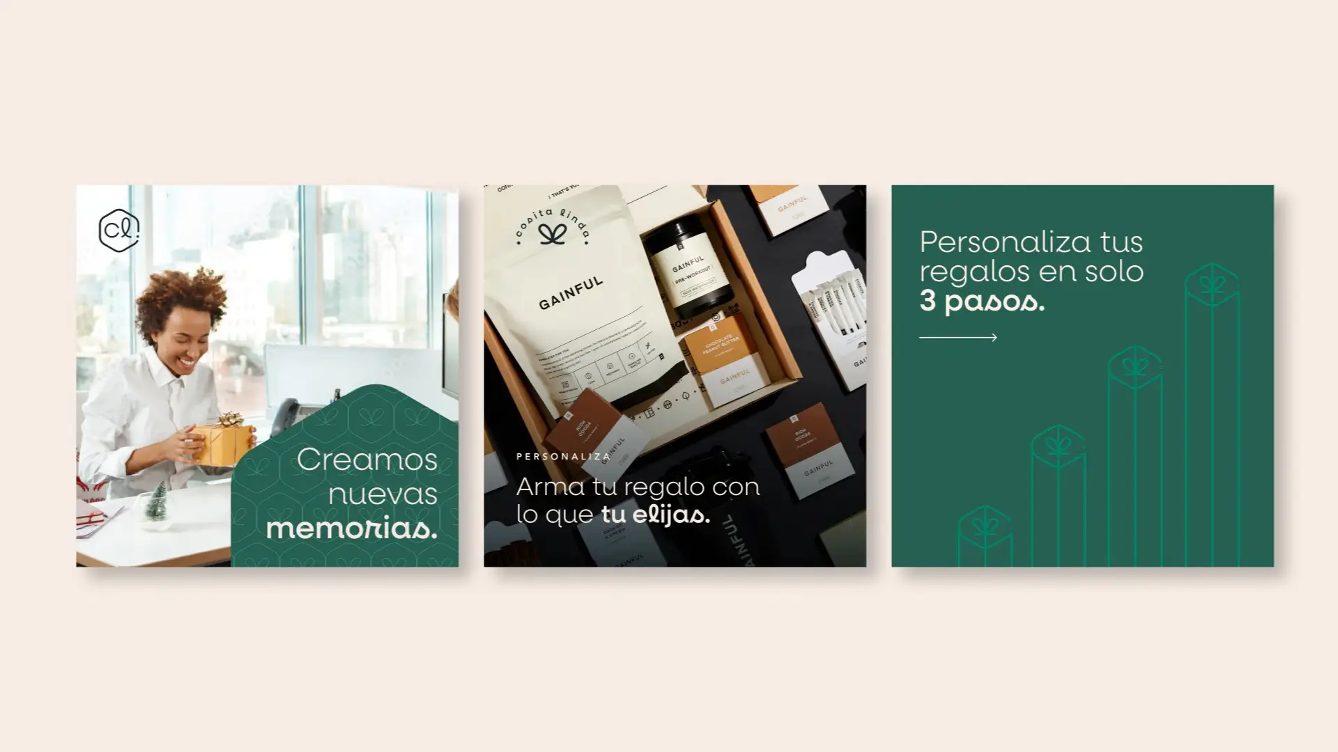 Diseños para redes sociales sobre fondo beige: a la izquierda, una mujer feliz abriendo un regalo con el texto 'Creamos nuevas memorias'; al centro, una caja de regalo abierta con productos variados