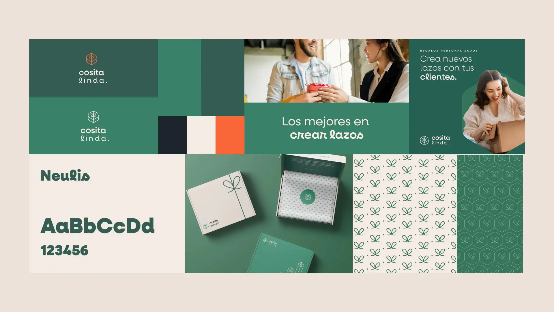 Tablero de marca de Cosita Linda que incluye variantes del logotipo, paleta de colores, tipografía Neulis, fotografías de estilo de vida y mockups de packaging