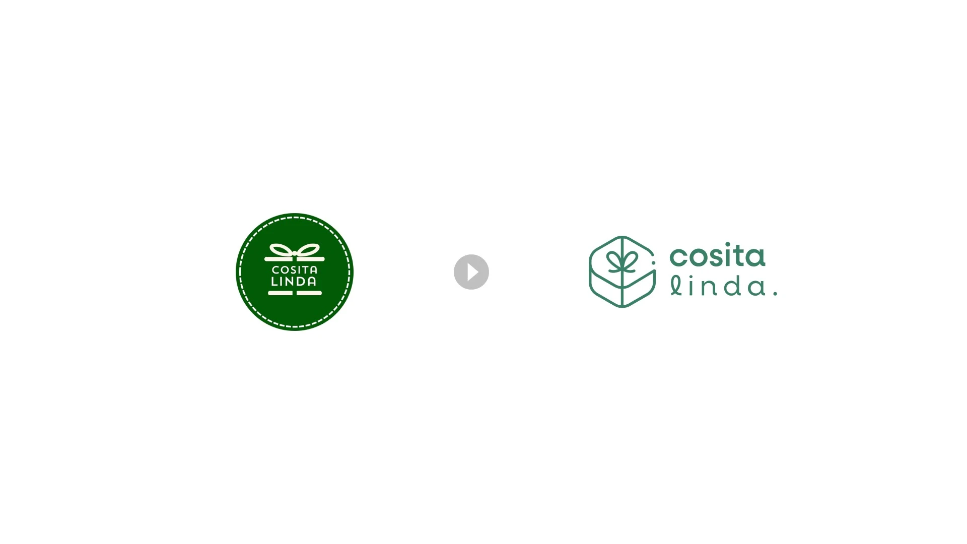 Comparativa de rebranding de Cosita Linda mostrando la evolución del logotipo antiguo circular hacia la nueva identidad visual minimalista con icono de regalo