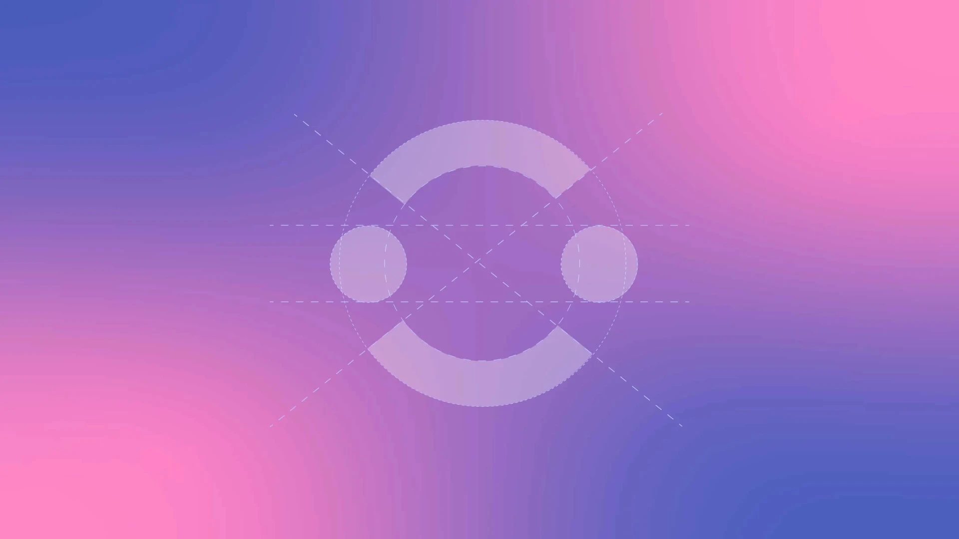 Esquema geométrico de construcción de un logotipo sobre fondo degradado de azul a rosa, mostrando formas circulares y arcos blancos semitransparentes con líneas guía punteadas para definir sus proporciones