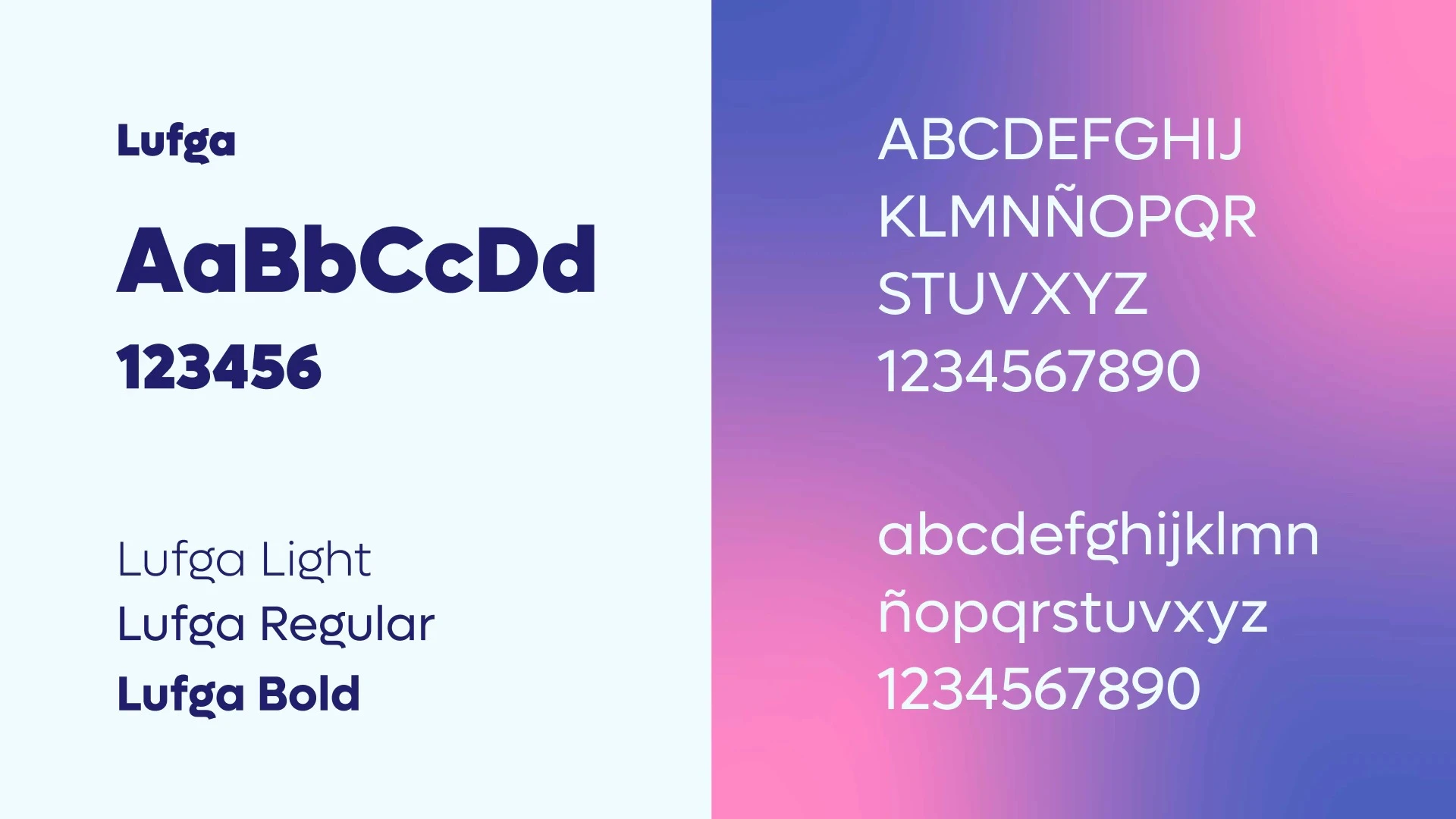 Presentación de la tipografía Lufga dividida en dos secciones: izquierda con fondo azul claro mostrando pesos Light, Regular y Bold en azul oscuro; derecha con fondo degradado de morado a rosa mostrando el alfabeto completo en mayúsculas y minúsculas junto